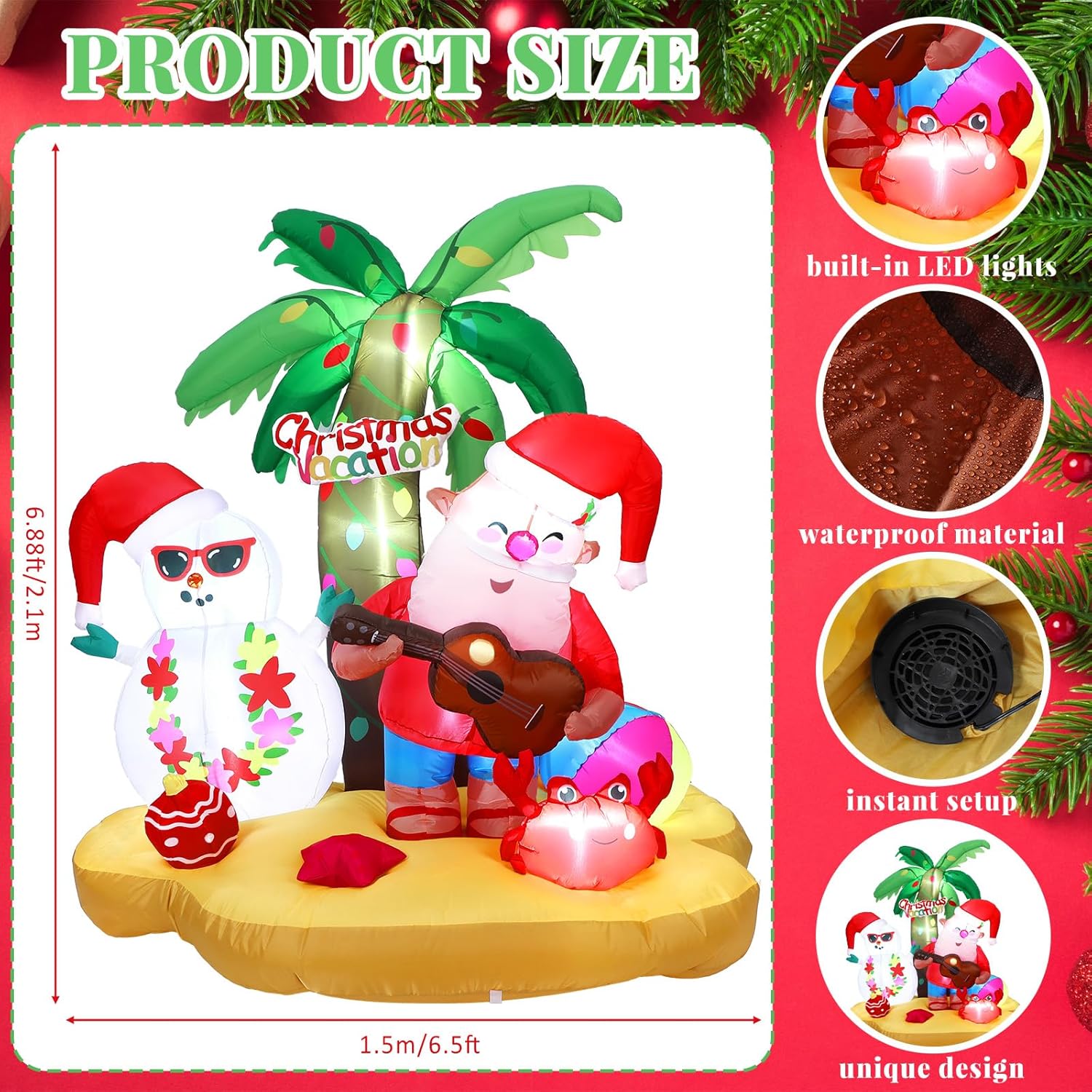 Christmas In July Santa Inflatables Decorations, 7 Ft Hawaiian Beach Vacation Snowman Outdoor Decorations, Build In Led