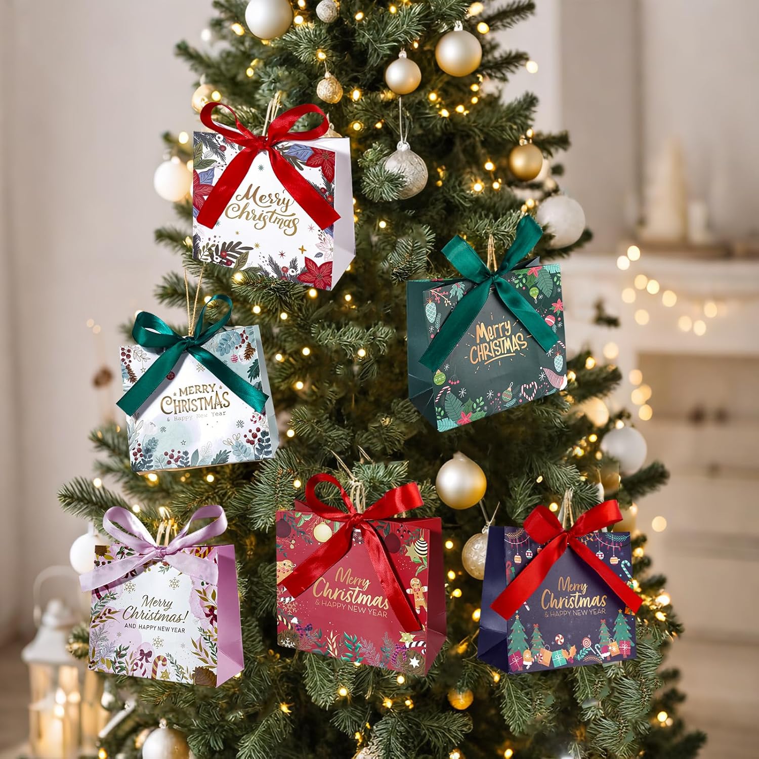 24 Pack Christmas Mini Gift Bags,5.5X 2.5X4.7 Inch Small Xmas Goodie Bags With Ribbon For Kids, Holiday Party Favors Boxes For Candy, Cookies, Jewelry, Christmas Tree Decoration