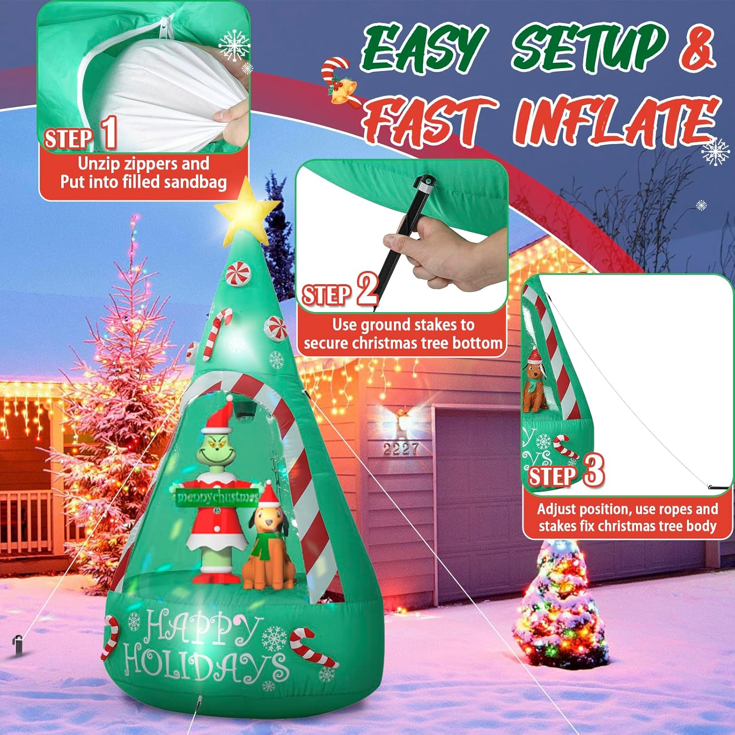 Christmas Green Big Monster Inflatable Decorations, 6Ft Light Up Christmas Inflatable Tree Outdoor Decorate Build-In 5 L