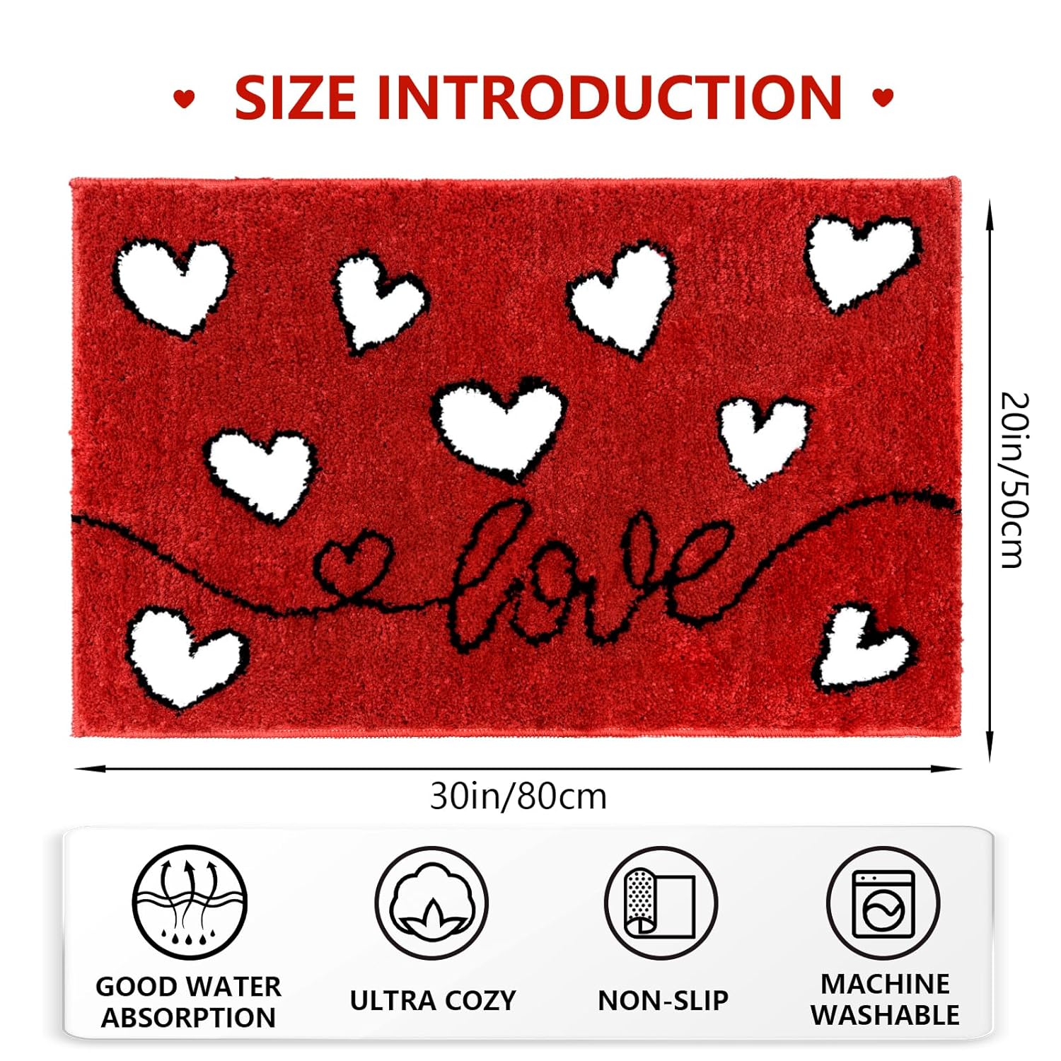 Valentine'S Day Bathroom Rug, Red Love Heart Tufted Bath Mat, Soft Valentines Day Bath Mats Non Slip Absorbent Rectangle Shower Rug Front Door Mat For Home Kitchen Bedroom Decor, 20X30 Inch