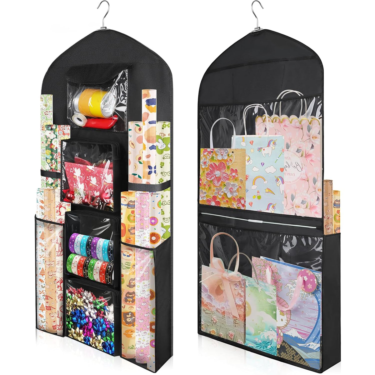 Hanging Gift Wrapping Paper Storage, 48X24 (Extra Large) Black Double-Sided Christmas Wrapper Bag Container, Oxford Long Craft Roll Organizer, Present Wrap Holder For Closet, Door