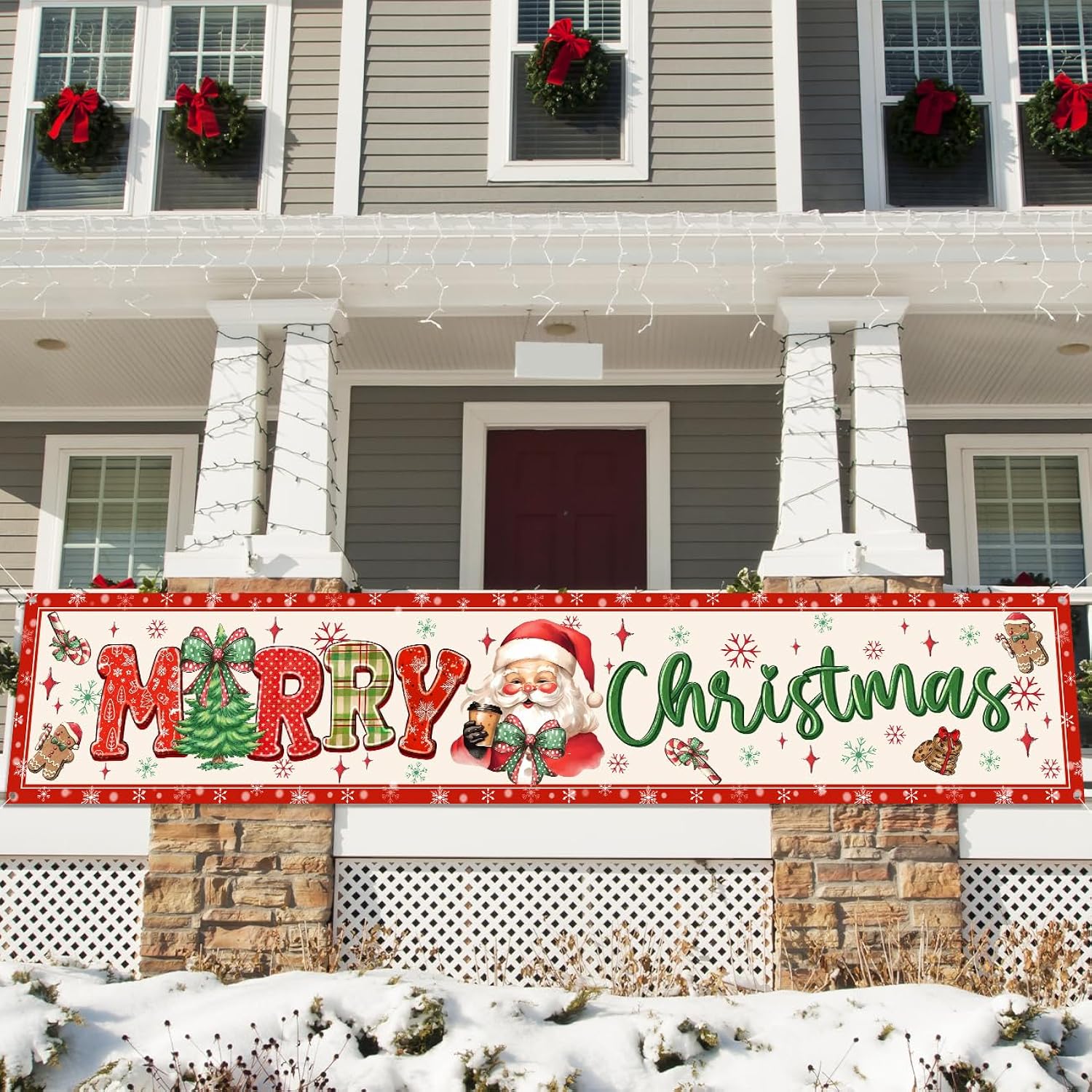 Large Christmas Banner Christmas Outdoor Decorations,Red Bow And Santa Claus Yard Sign,Merry Xmas Banner For Indoor/Outdoor Xmas Party Happy New Years Celebration