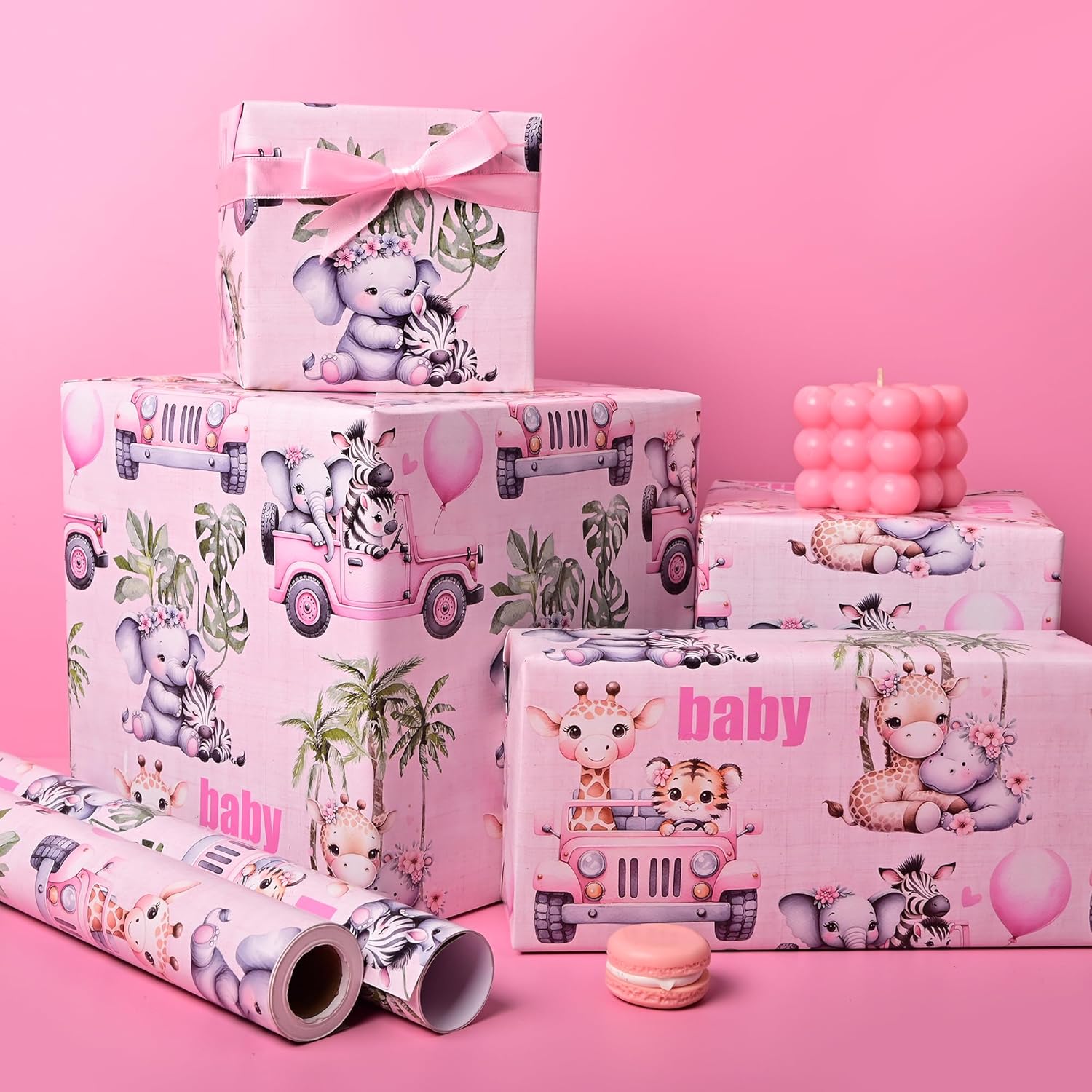 Baby Shower Wrapping Paper Roll - Pink Woodland Animals Truck Design Gift Wrap Sheets For Kids Boys Girls Baby Shower Party Decoration Celebration Total 28.5Sq.Ft