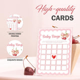 Pink Bow Baby Shower Games, 25 Pcs Cherry Baby Bingo Game For Adults, 5"×7" Double-Sided Gender Reveal Cards For Party Decorations Favors - C02