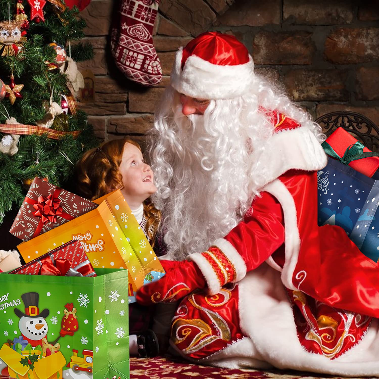 12 Pack Large Christmas Tote Bags With Handles, Reusable Non-Woven Gift Bag Grocery Shopping Totes For Xmas Holiday Party Supplies