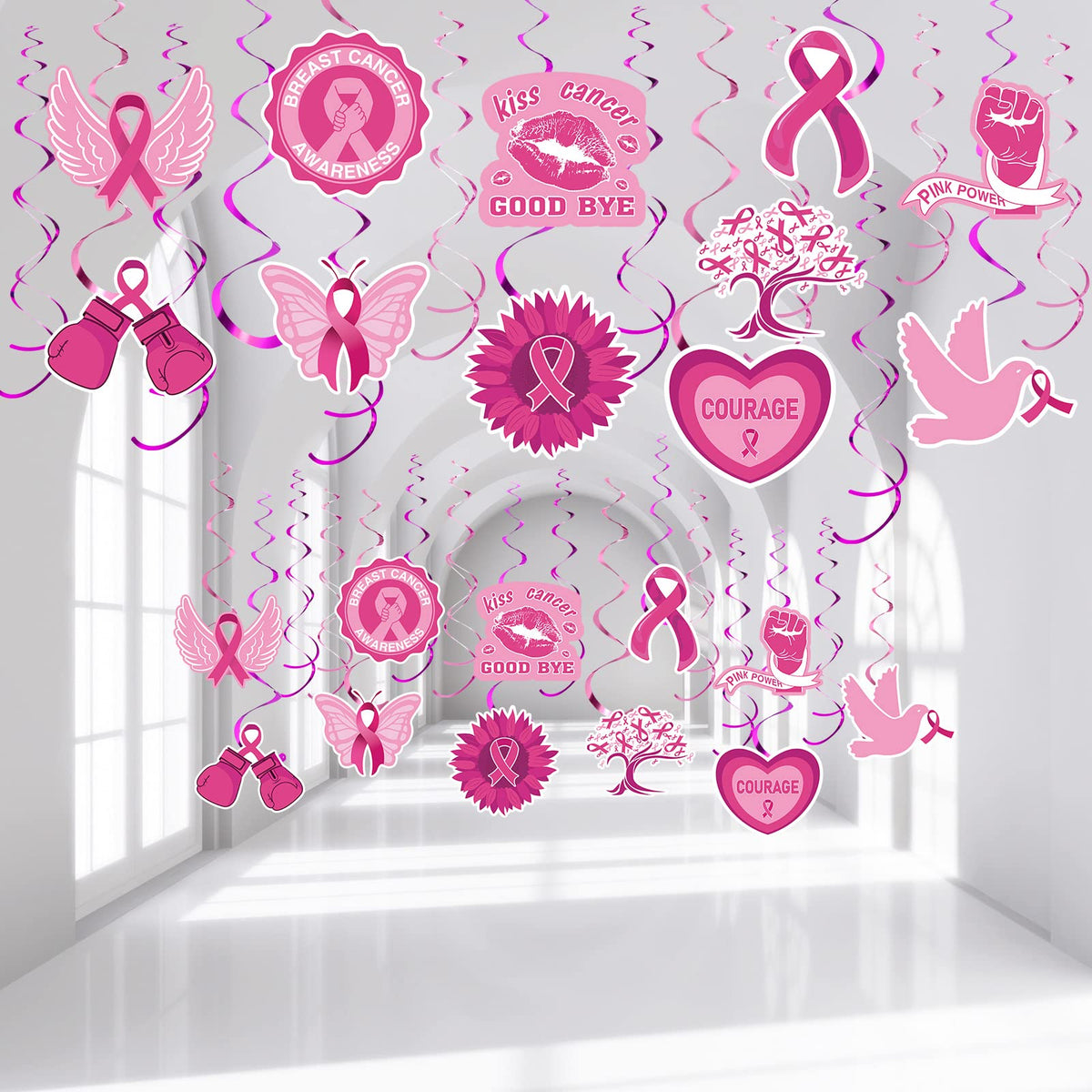 Breast Cancer Awareness Decorations, Pink Ribbon Hanging Swirls