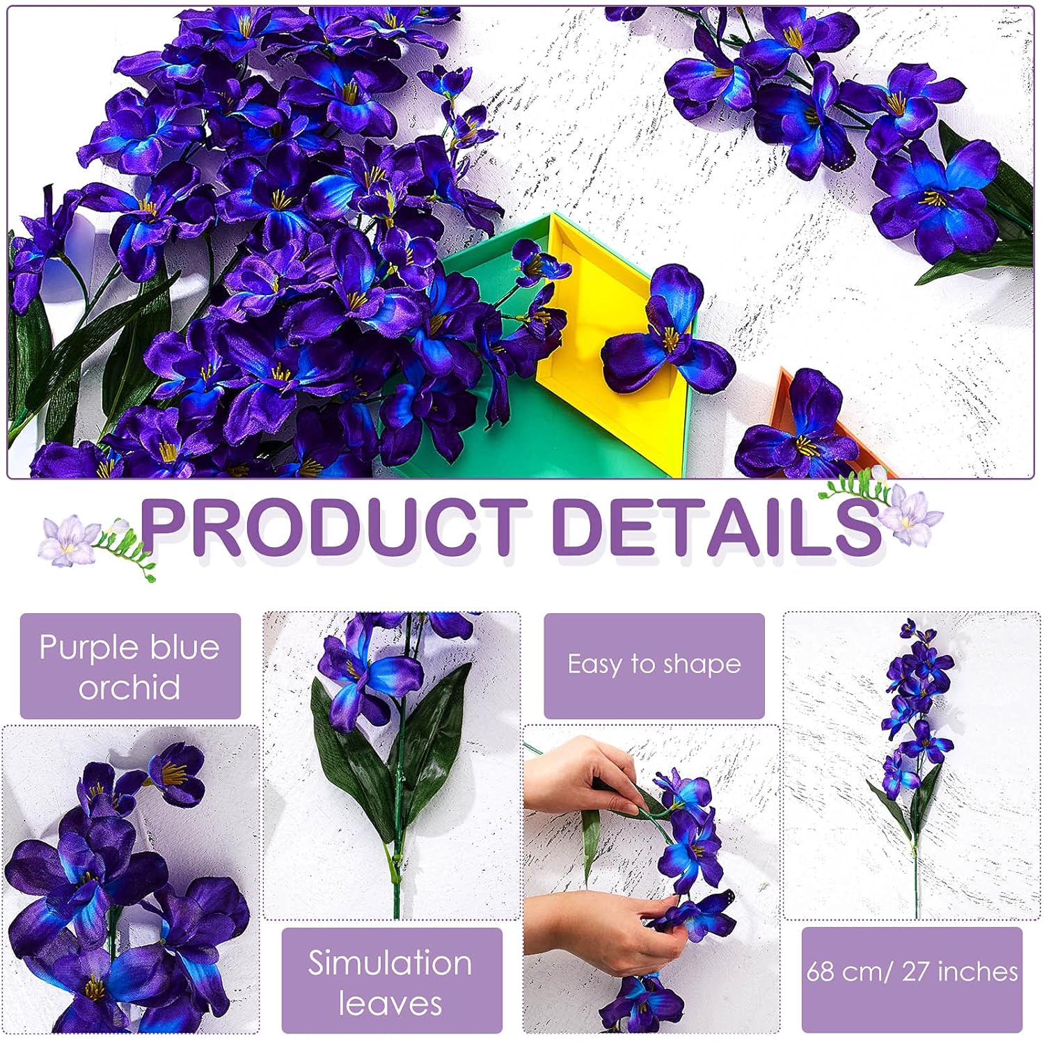 8 Pieces 27 Inches Artificial Purple Blue Orchid Faux Flowers Purple Orchids Silk Flowers For Wedding Dinning Home Restaurant Decoration Bridal Bouquet Corsage Boutonniere Wreath Decor