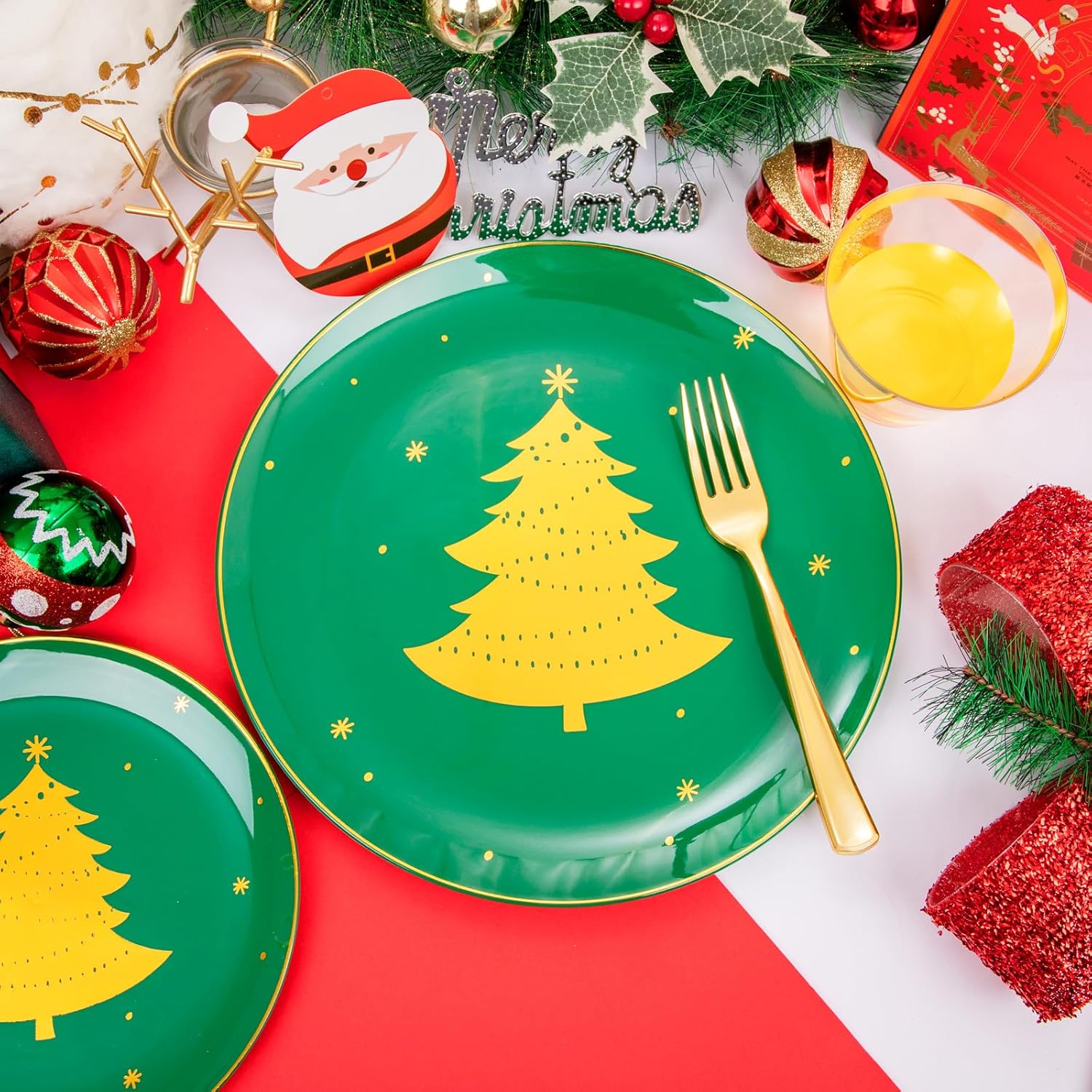 150Pcs Christmas Plates Plastic Disposable - 25 Guests Green Plates With Gold Tree, Gold Plastic Silverware, Clear Gold Cups, Christmas Design Perfect For Christmas Parties, Ej