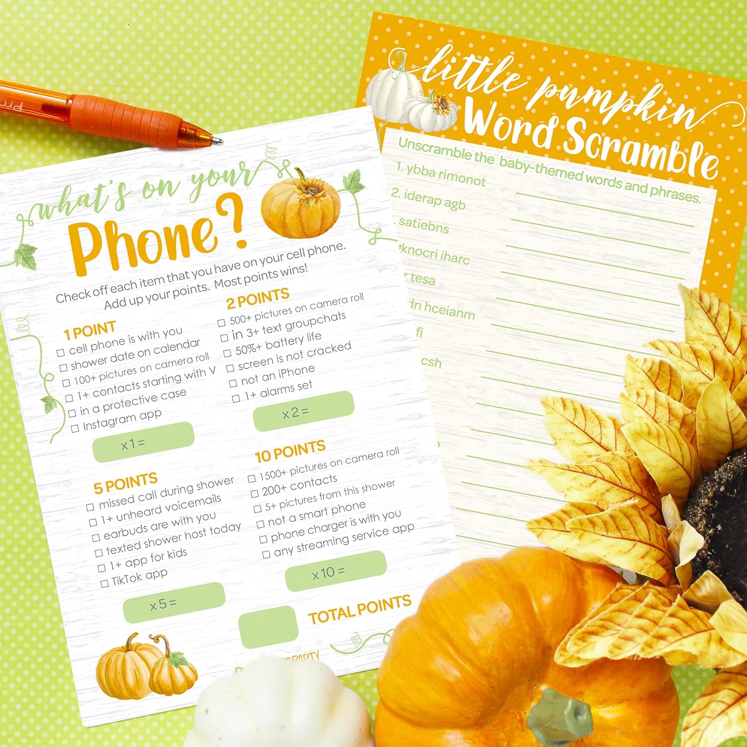 Orange Little Pumpkin Baby Shower Games, Phone Hunt And Word Scramble 2 Game Bundle - 20 Cards, Little Pumpkin Gender Reveal