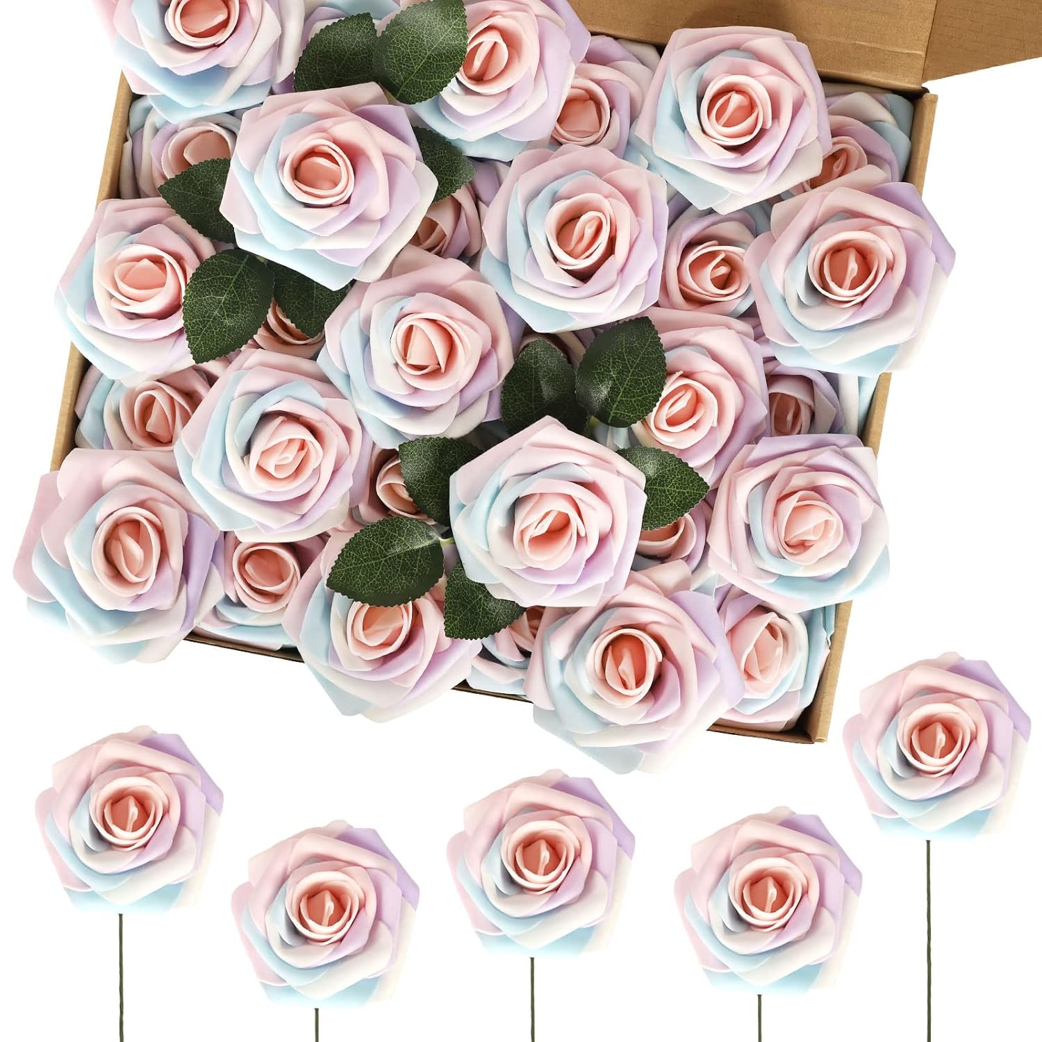 60Pcs Artificial Rose Flowers Real Touch Fake Flowers With Stem Foam Roses For Diy Wedding Bouquets Baby Shower Table Centerpieces Party Holiday Home Spring Valentines Day Decor(Light Rainbow)
