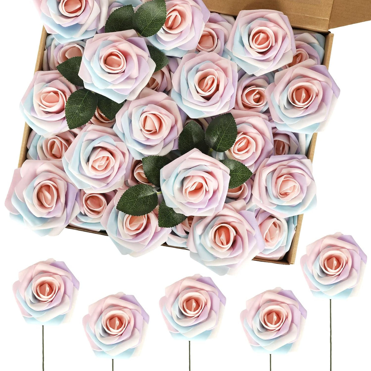60Pcs Artificial Rose Flowers Real Touch Fake Flowers With Stem Foam Roses For Diy Wedding Bouquets Baby Shower Table Centerpieces Party Holiday Home Spring Valentines Day Decor(Light Rainbow)