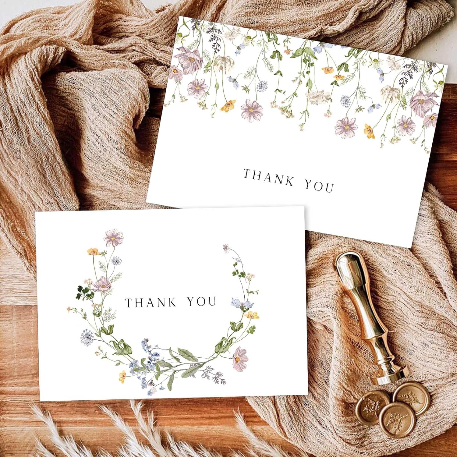50 Pcs Wildflower Thank You Cards, 4X6 Inches Wildflower Thank You Cards With Adhesive Envelopes For Birthday Baby Shower Bridal Shower Wedding