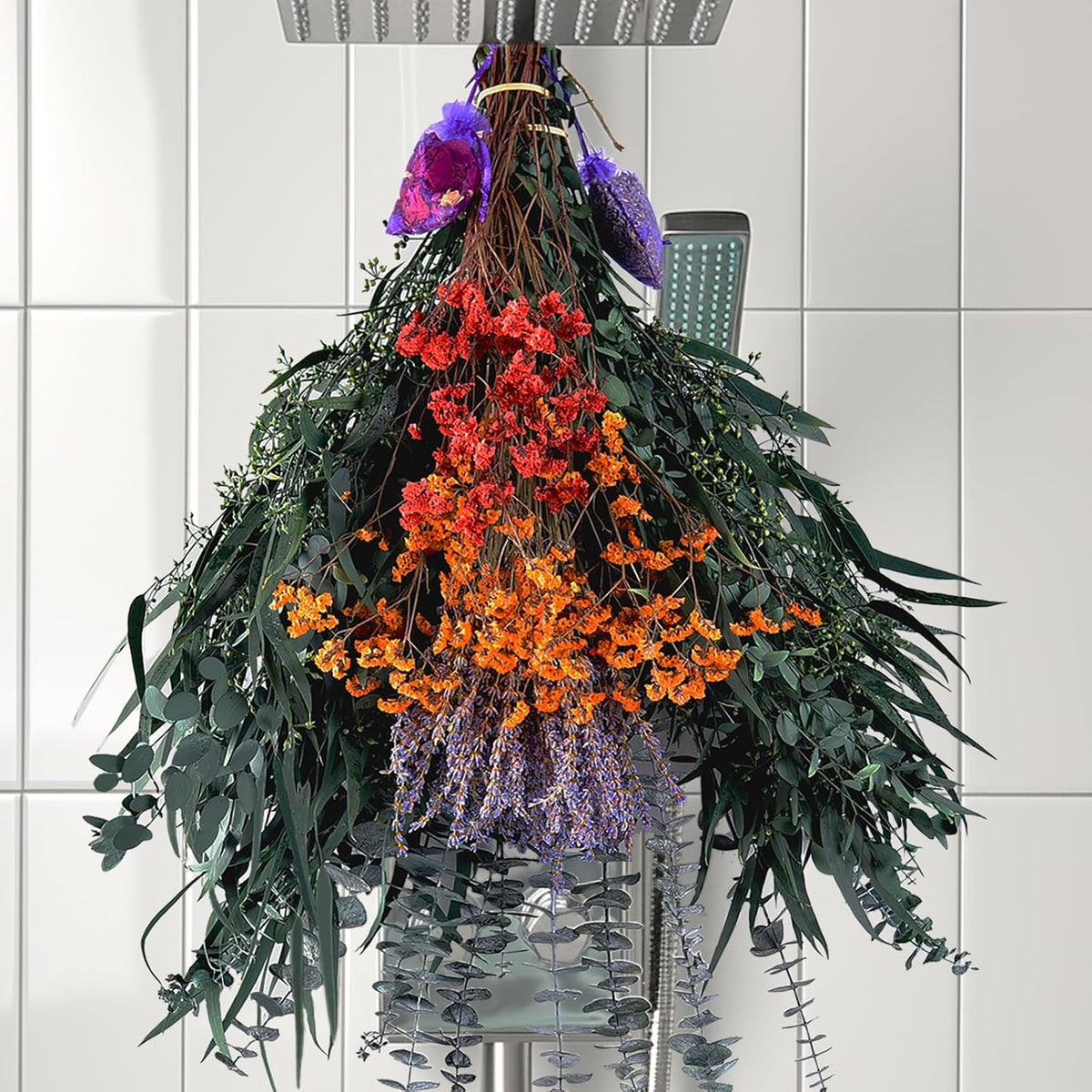 128 Pcs Mixed Real Dried Eucalyptus Stems, 100% Natural Preserved Eucalyptus Leaves With Lavender & Rose Flower Sachet Bundles, Greenery For Hanging Shower, Plant Fragrance, Wedding Decor