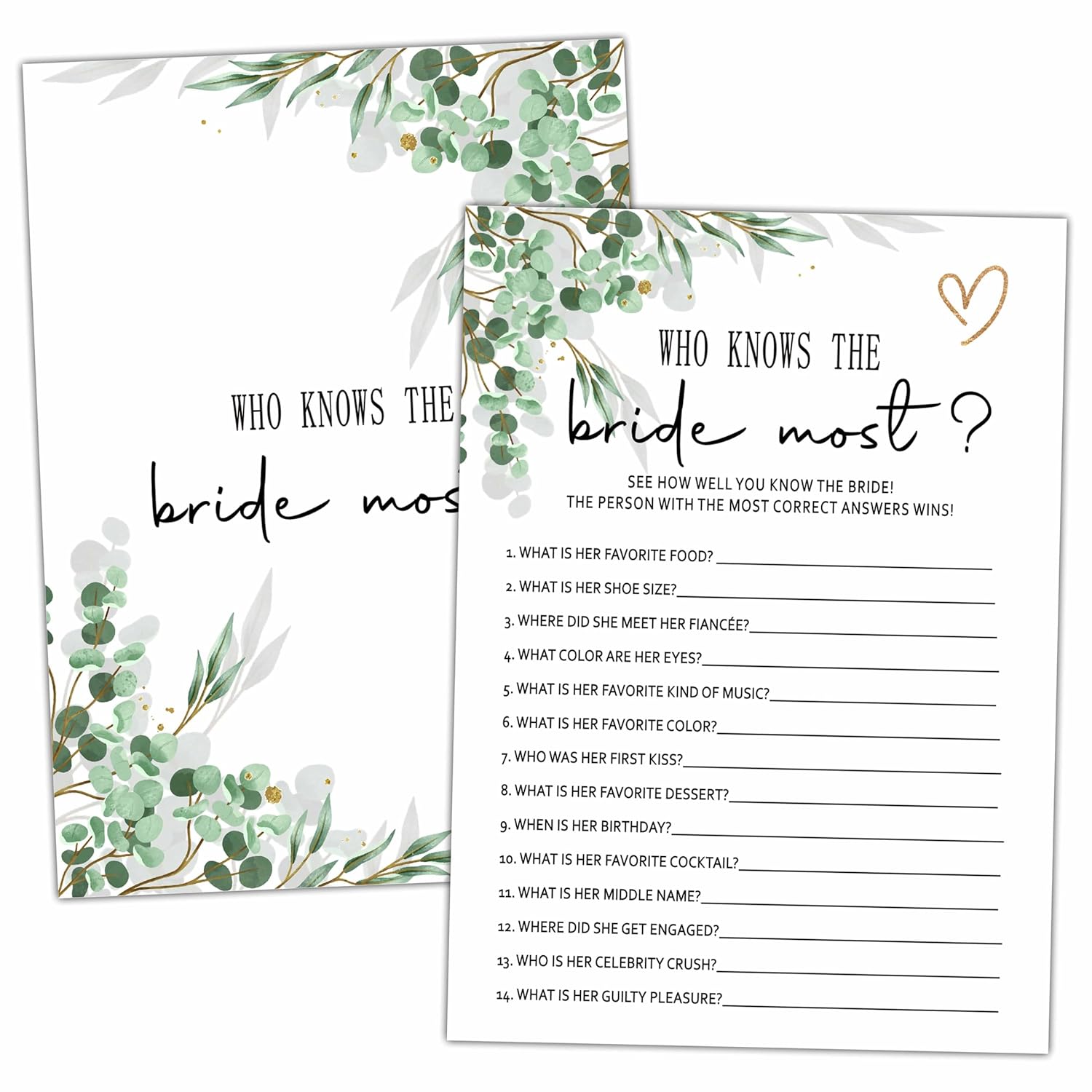 Bridal Shower Party Games, Who Knows The Bride Most, 25 Reusable Wedding Party Game Cards, 5" X 7" Modern Design, Adults 18+