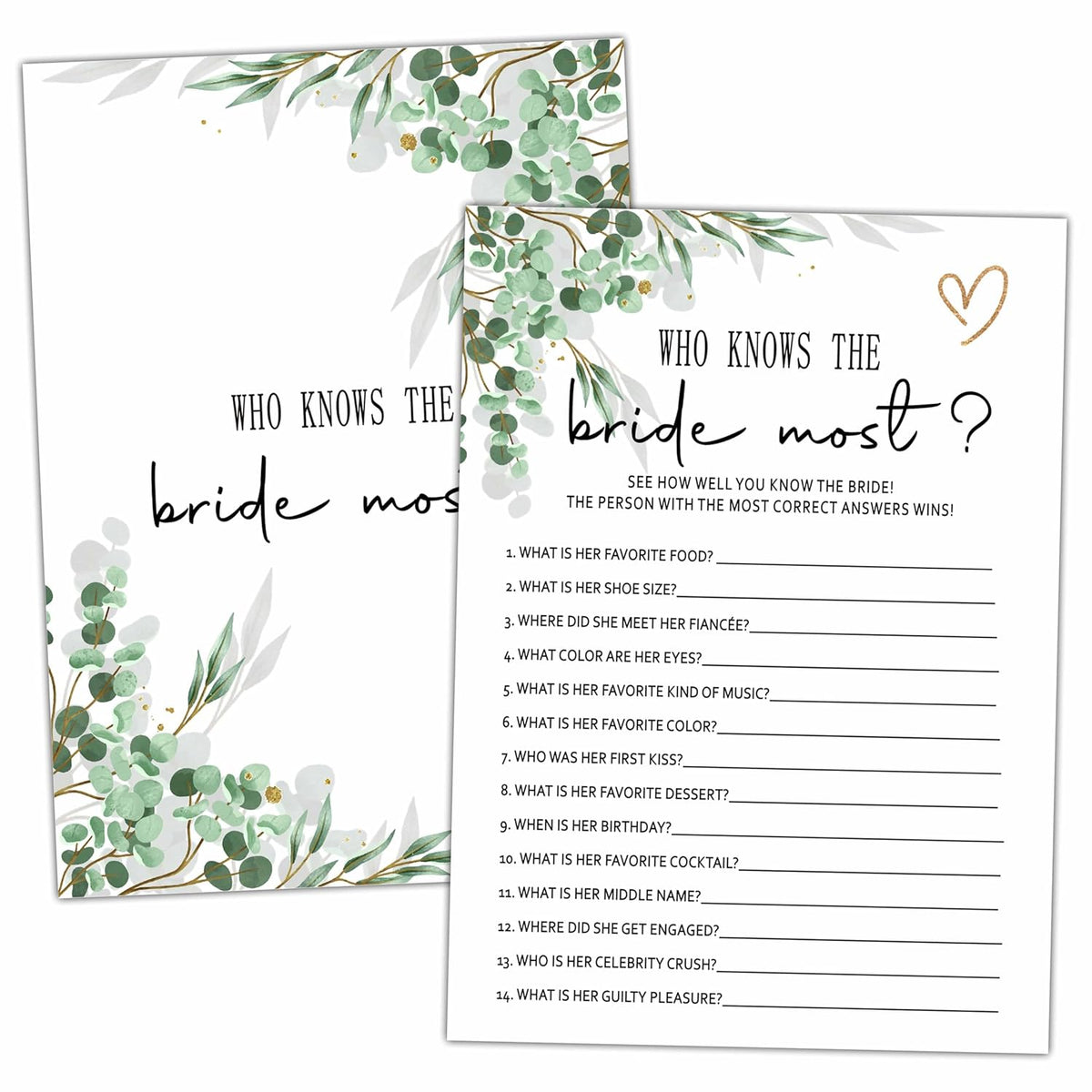 Bridal Shower Party Games, Who Knows The Bride Most, 25 Reusable Wedding Party Game Cards, 5" X 7" Modern Design, Adults 18+