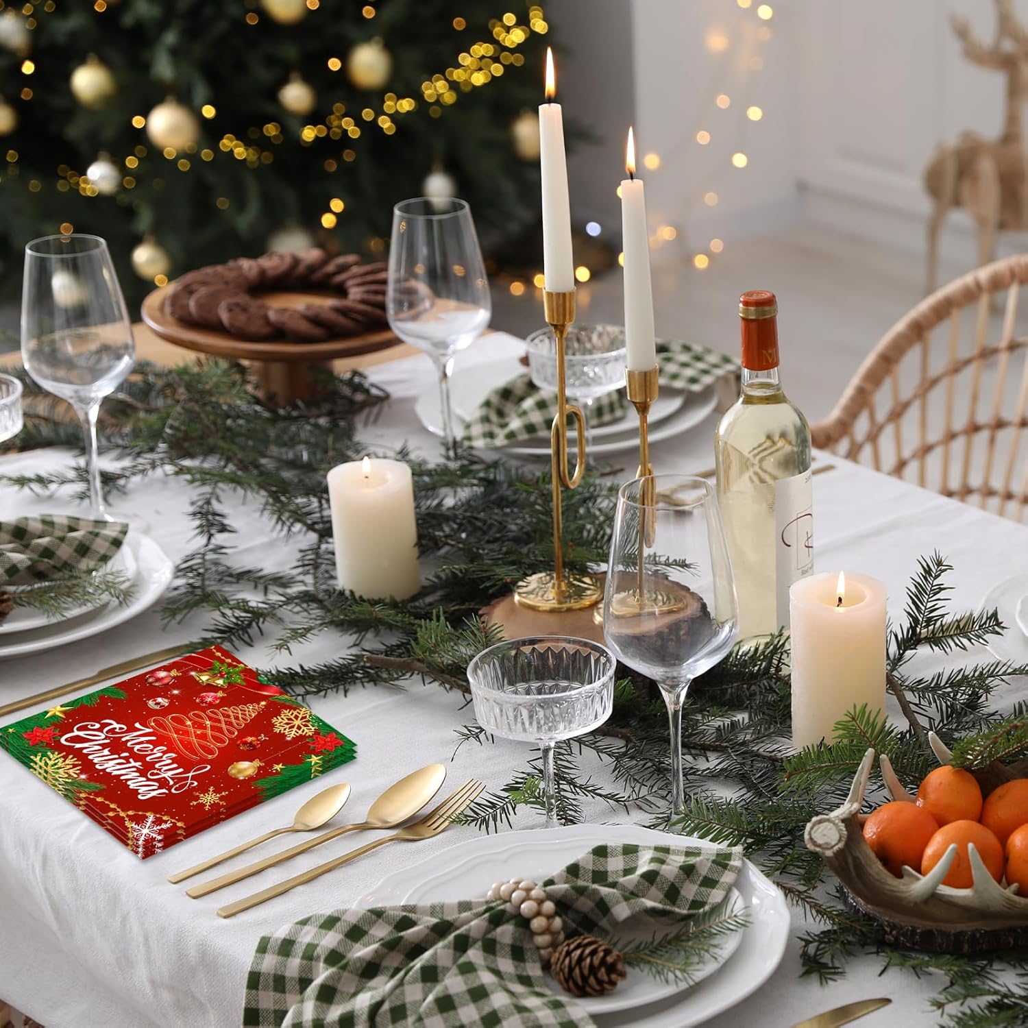 100 Pcs Merry Christmas Dinner Napkins For Christmas Theme Party Decorations, Disposable Red Gold Xmas Tree Xmas Ball Luncheon Paper Napkins For Winter Celebration Supplies 13X13 Inches