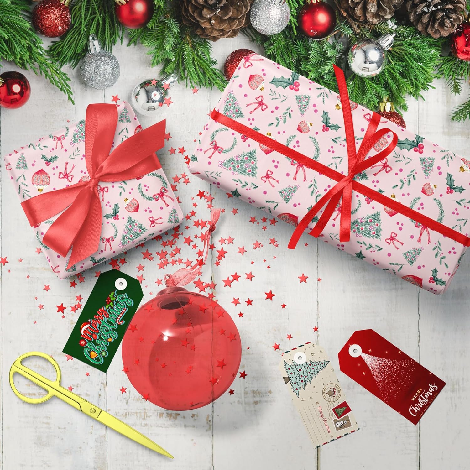 Giolainy Pink Christmas Wrapping Paper For Girls Women Kids - Holiday Gift Wrap With Ornaments, Xmas Trees, Berries & Wreaths Designs - 4 Sheets (28 X 40 Inches), Easy To Store