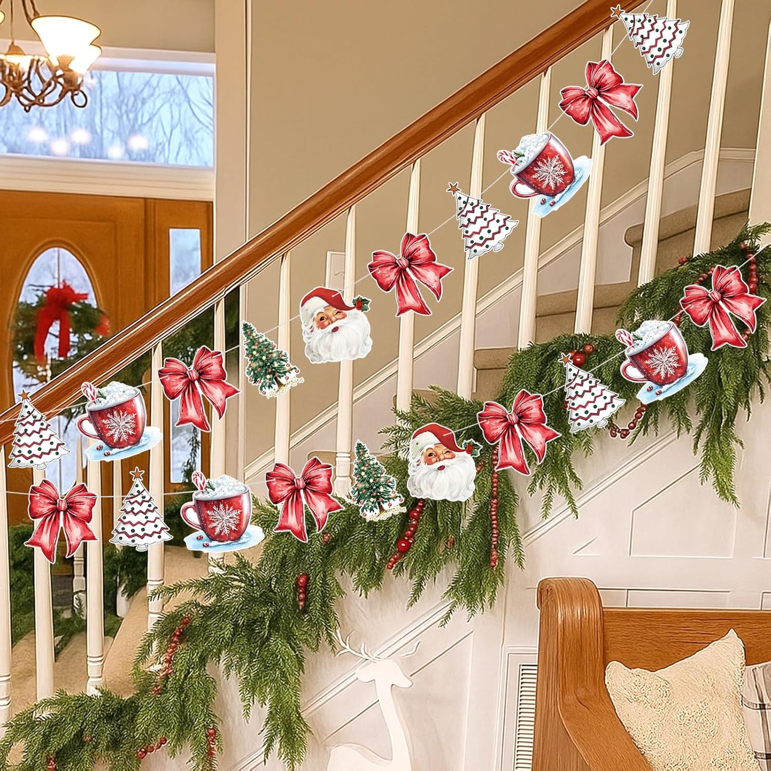 2 Pack Christmas Paper Garland Christmas Tree Santa Red Bow Hanging Bunting Banner Flags For Xmas Party Decorations Birthday Home Office Decor