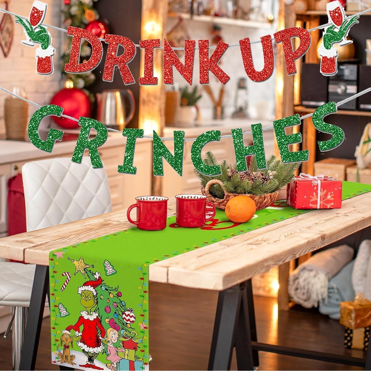 Drink Up Banner, Glittery Christmas Decorations Banners Winter Holiday Garland Photo Props Banner For Party Home Decorations