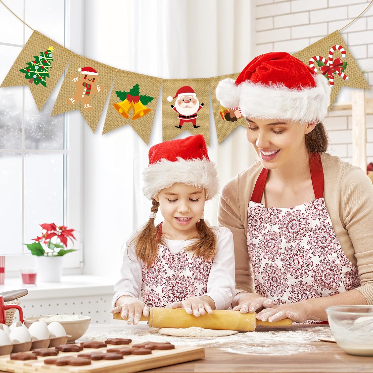 Christmas Burlap Banner Cartoon Santa Deer Snowman Hanging Banner Pre-Assembled Rustic Xmas Holiday Bunting Garland For Mantel Fireplace Home Wall Door Decor