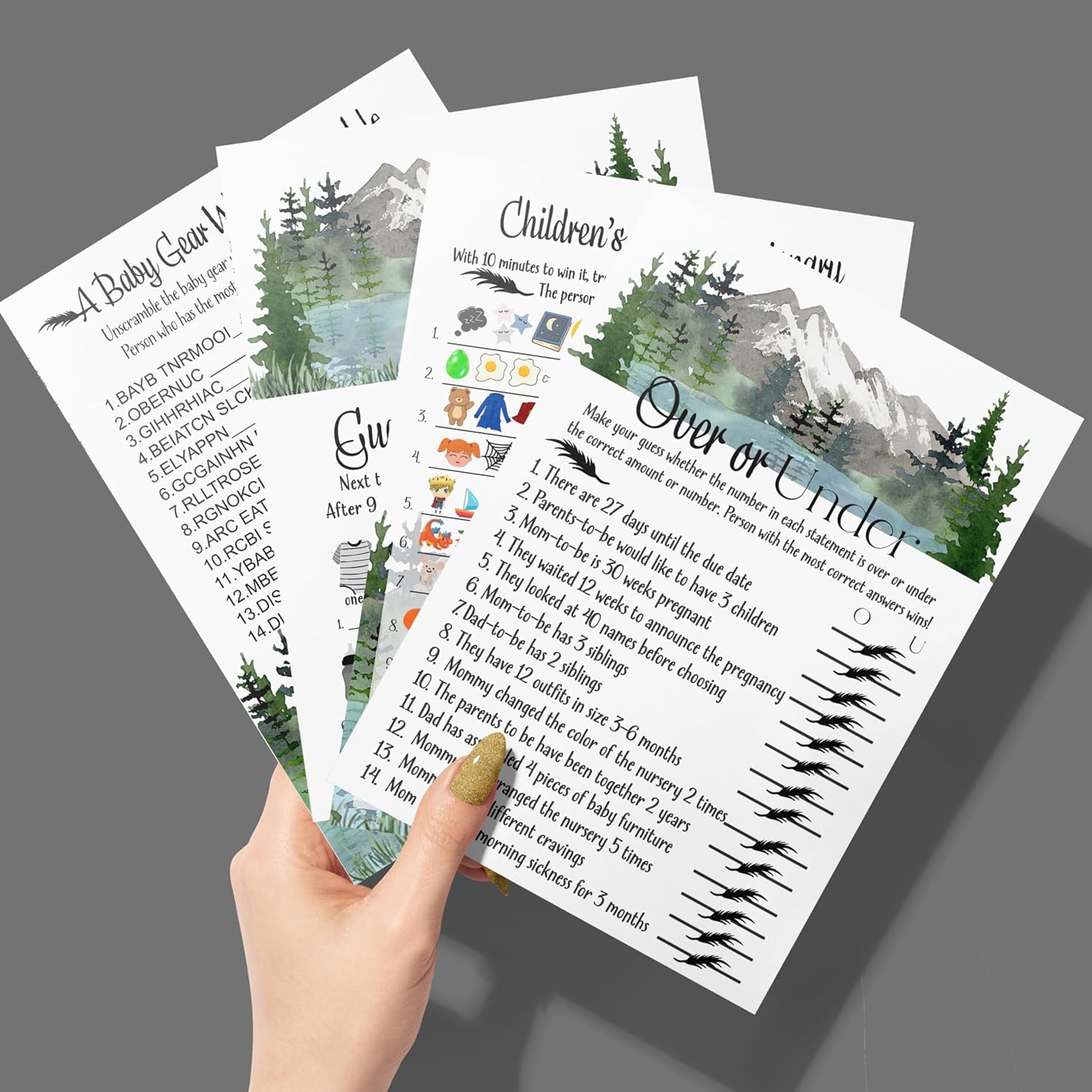 Adventure Awaits Baby Shower Games For Boys - Fun Activities Pack - 25 Each Of Word Scramble, Guess The Price, Over Under, & Storybook Pictionary - Mountain Theme, Double-Sided Cards