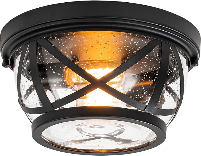 2 Light Black Farmhouse Ceiling Light with Seeded Glass Flush Mount Fixture