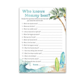 Beach Surf Theme Baby Shower Games, Who Knows Mommy Best — Pack Of 25 — Summer Blue Ocean Surfing, Fun Mom To-Be Baby Shower Activity, Gender Neutral Couples Shower Co-Ed Shower Game G940-Wkm