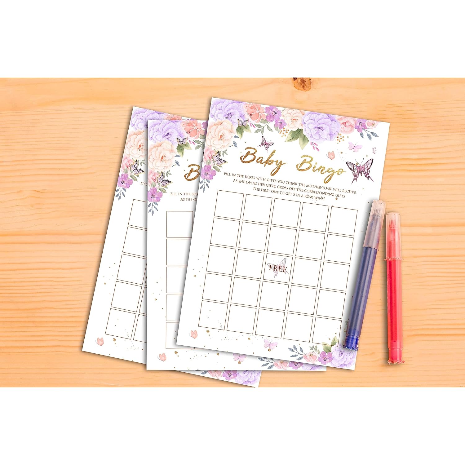 Baby Shower Games For Girls, Purple Butterfly Bingo Game For Baby Shower, Purple Floral Gender Reveal Parties Decorations, 5" X 7" Double-Sided Cards(30 Games)-A03