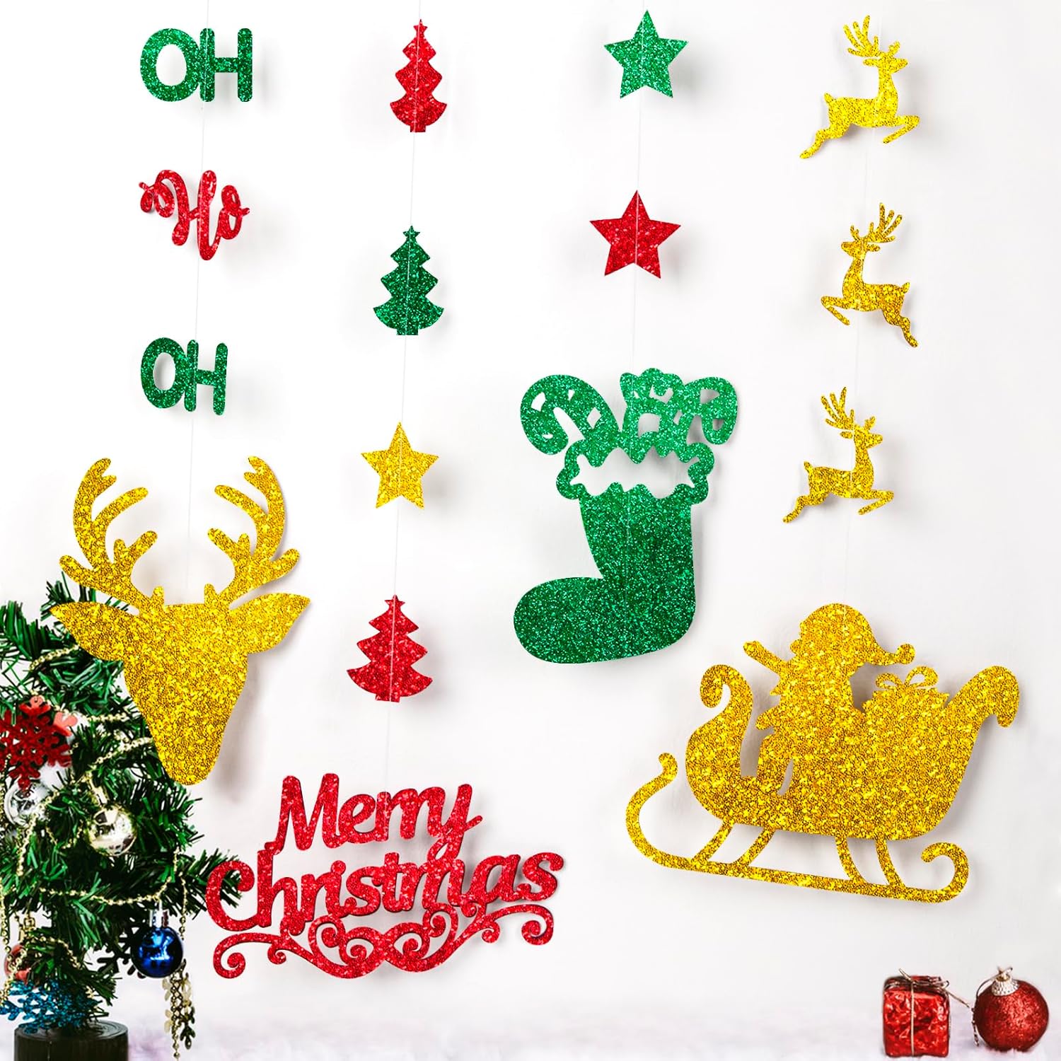 Glitter Christmas Hanging Banner Garland Decorations - Reindeer, Santa Hat, Stocking, Tree, Santa Claus And More - Indoor/Outdoor Party Supplies For Birthday, Home, Office, Classroom