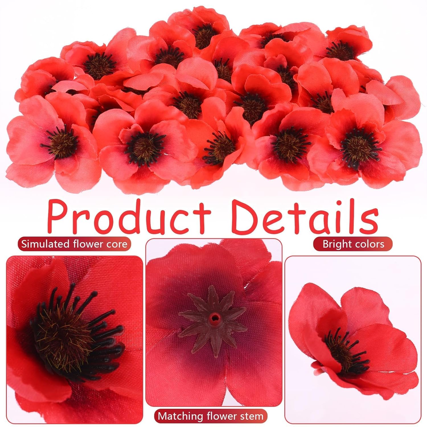 Set Of 150 Red Poppy Artificial Flowers Fake Flowers Poppies Head Fake Wildflowers With 6 Inch Flower Branch For Memorial Veterans Day Remembrance Sunday Bouquet Corsages Home Kitchen Decor