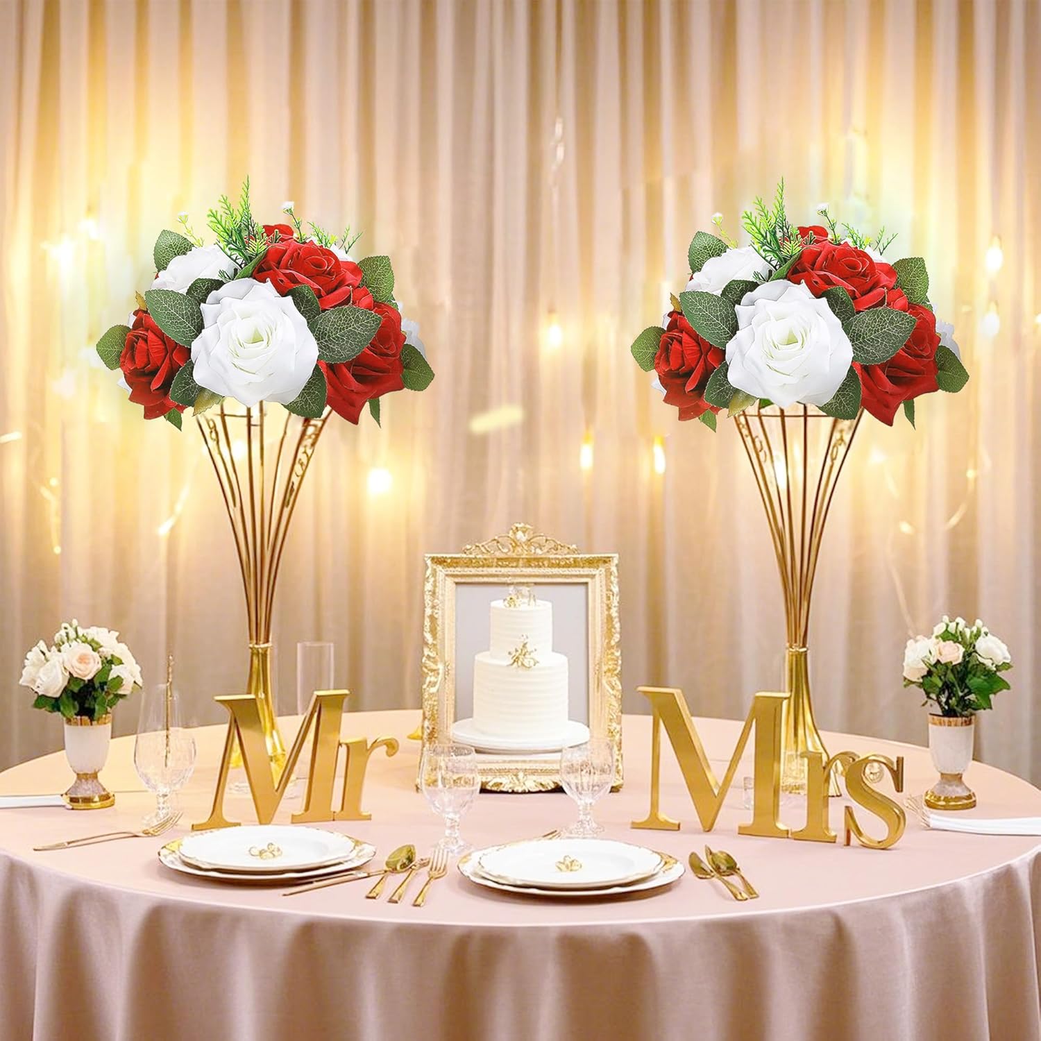 4 Pcs Flower Balls White Red Flowers Artificial Rose For Wedding Centrepieces 9.5In Diameter Artificial Flower Ball Arrangement Bouquet Fake Rose Flowers Party Centerpieces For Weddings Tables