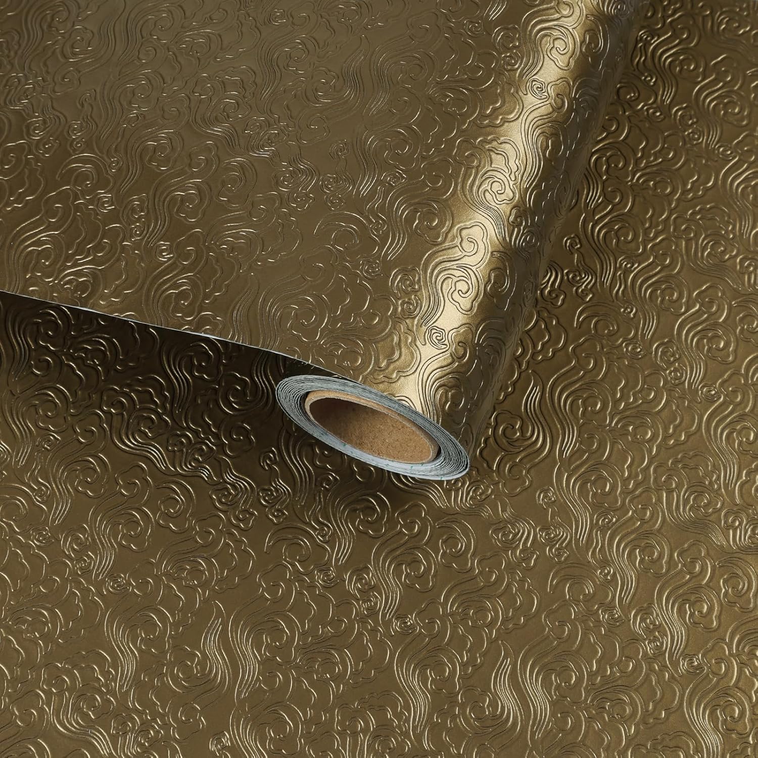 Gold Auspicious Clouds Wallpaper Peel And Stick Glossy Textured Metallic Wallpaper Vinyl Wrap Prepasted Luxury Golden Embossed Contact Paper For Furnitures Removable Wall Paper 11.8"X118"