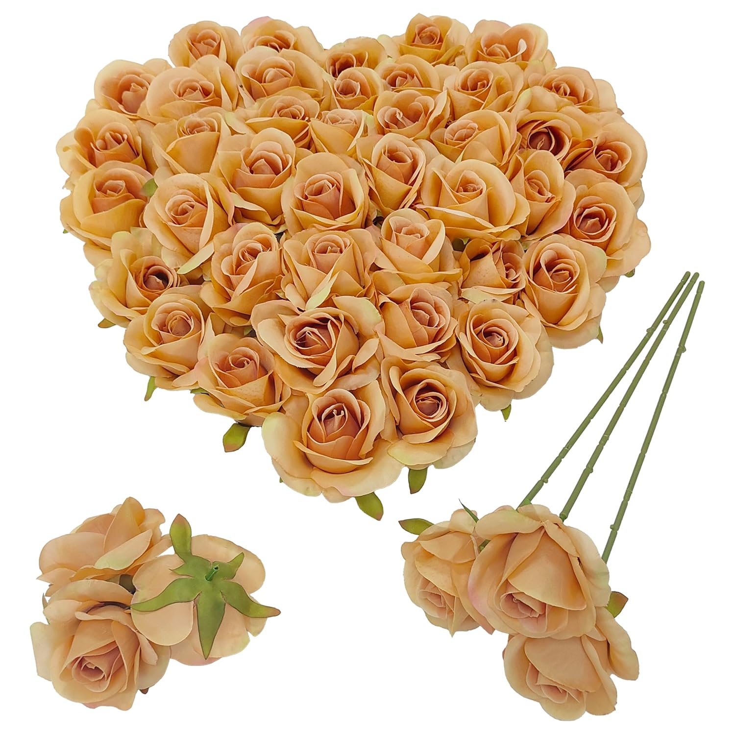 Artificial Light Coffee Satin Rose Flower Heads,42 Pcs Toffee Silk Rose Heads With Stems,3.5'' Rose Artificial Flowers Bulk,Artificial Brown Rose Flower Heads For Diy Crafts Bouquet (42, Toffee)