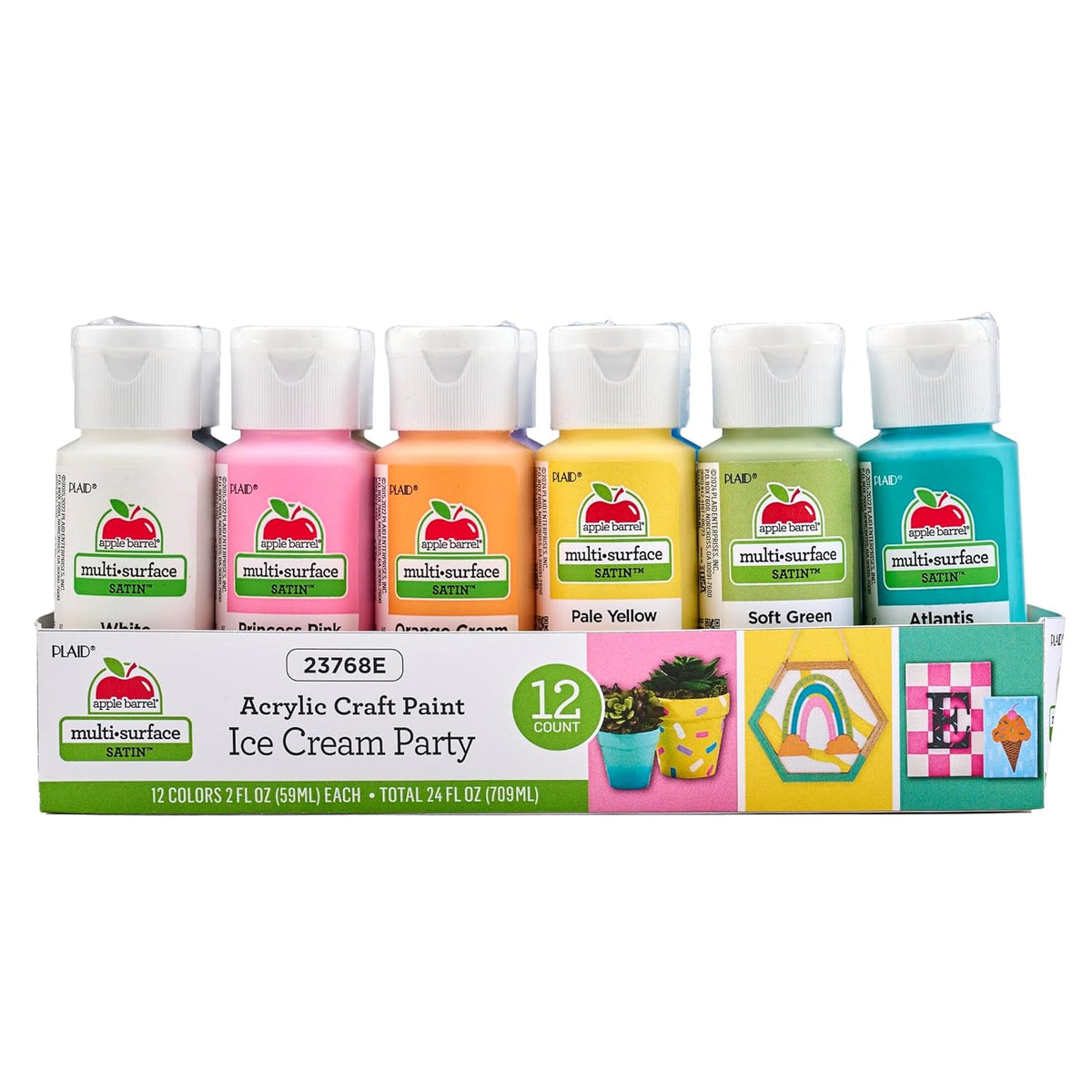 Apple Barrel, Ice Cream Inspired Colors, Multi-Surface Acrylic Craft Paint Set, Includes 12 Colors, Satin Finish