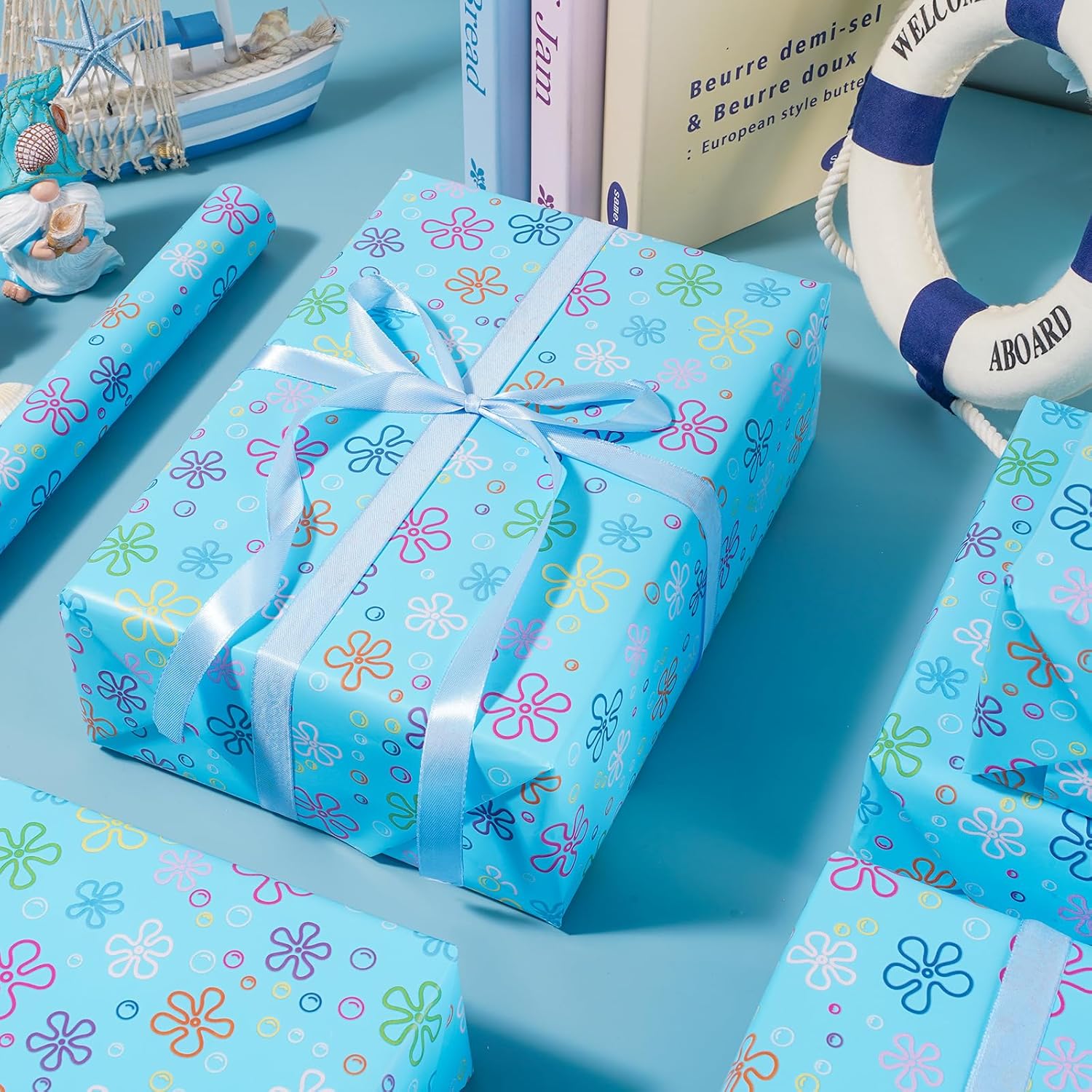 Cartoon Sponge Wrapping Paper - Mini Roll - 17 In X 32.8 Ft Blue Flower Bubble Gift Wrap Paper For Diy Crafts Birthday Ocean Under The Sea Party