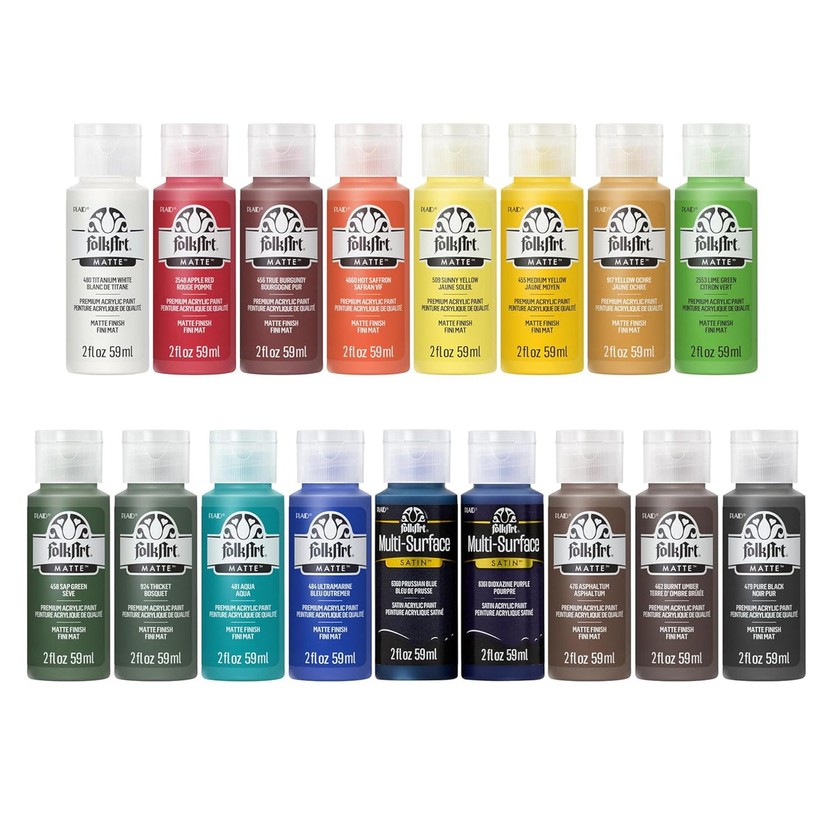 FolkArt Art Talk with Andy Acrylic Paint Set, 17 Piece 2 fl oz Premium Acrylic Paint Set Including 15 FolkArt Matte Paint Colors and 2 FolkArt Multi-Surface Paint Colors, 90286
