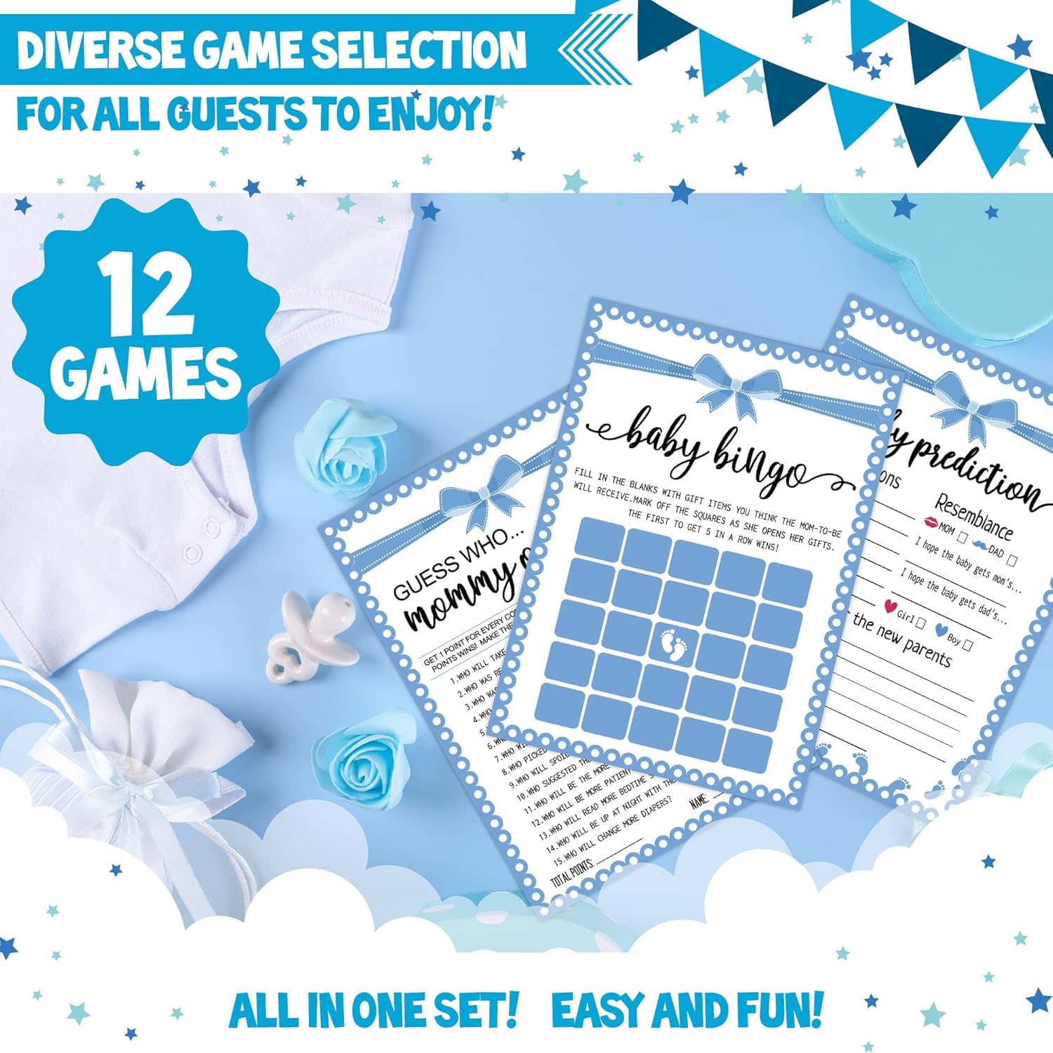 Baby Shower Games Boy, 12 Baby Shower Games For 50 Guests, Classic Coed Blue Boy Sprinkle Activities Cards Kit Set Bundle Pack