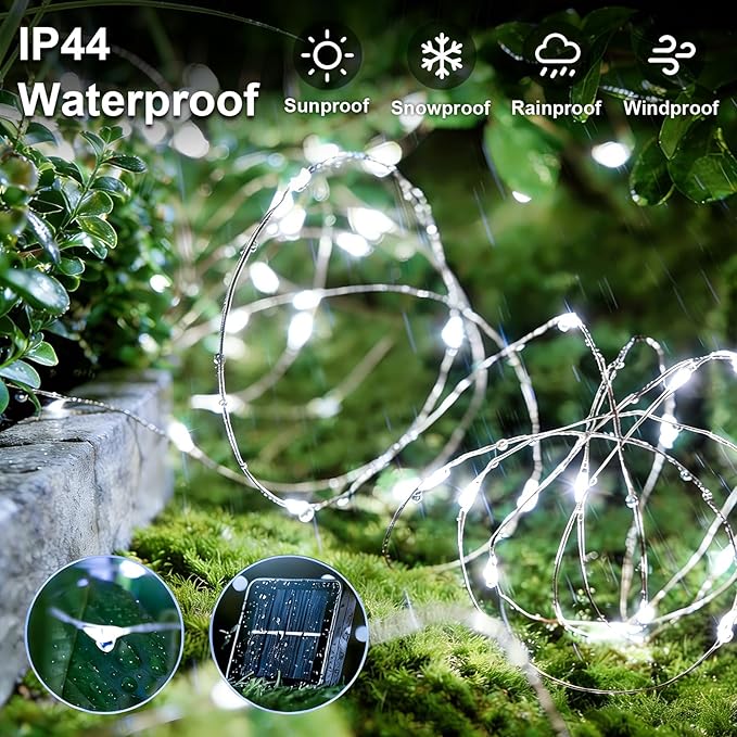 2 Pack Solar Fairy Lights Outdoor Waterproof 66FT 200 LED White String Lights with 8 Modes Silver Wire Twinkle Lights for Garden Patio Christmas Decor
