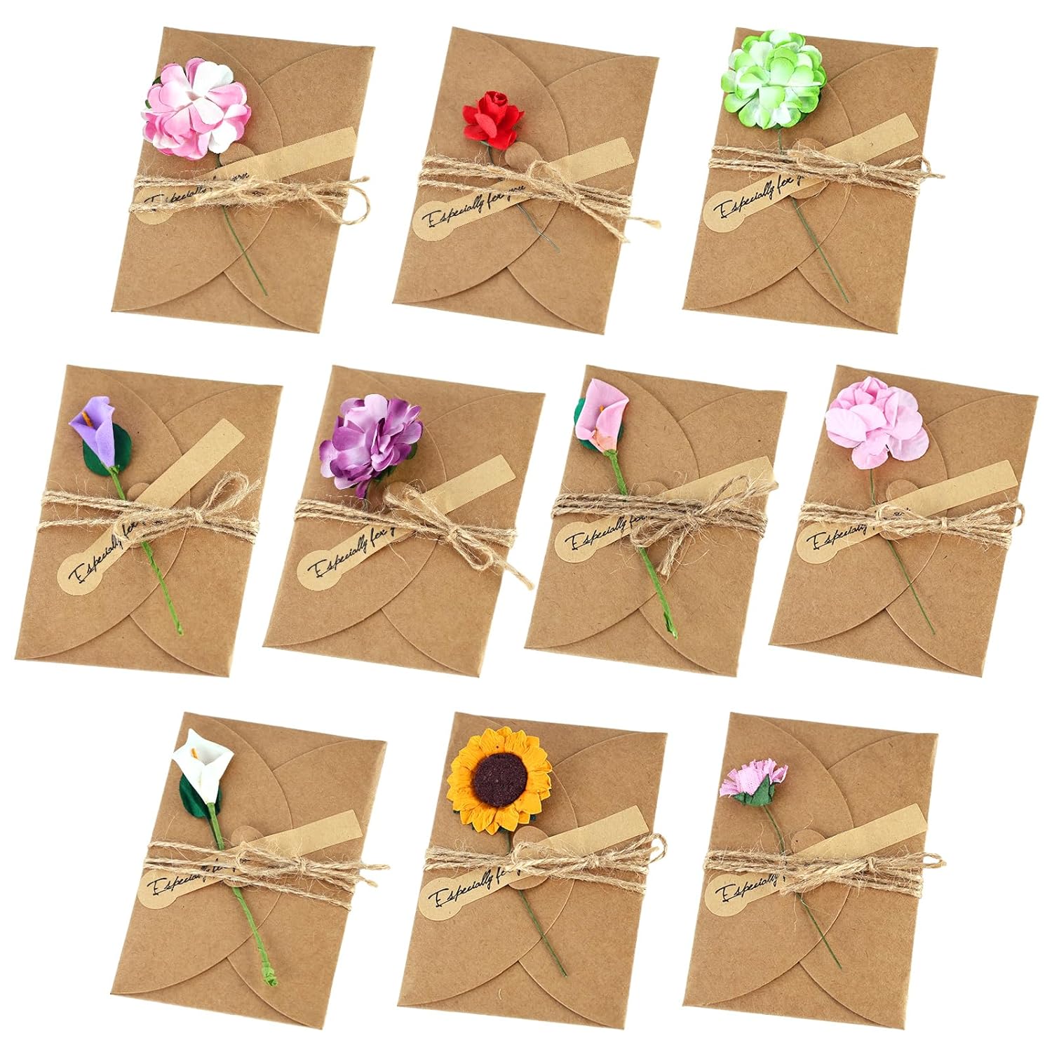 50Pcs Brown Gift Card Envelopes With Dried Flowers- 4.2" X 2.9" Mini Envelops With Heart Clasp For Women, Wedding,Birthday, Baby Showers, Invitation Wish Card, Graduation
