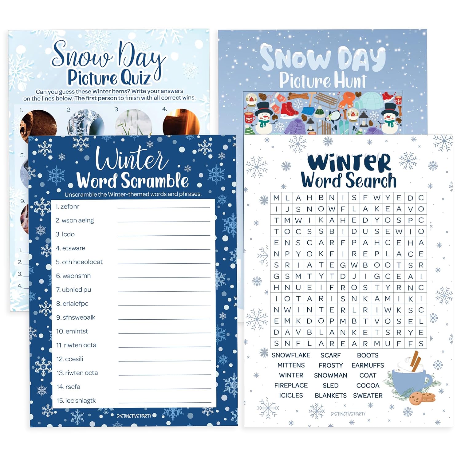 Winter Party Games - Word Search, Picture Hunt, Word Scramble, Picture Quiz - 4 Game Bundle, Winter Wonderland Party