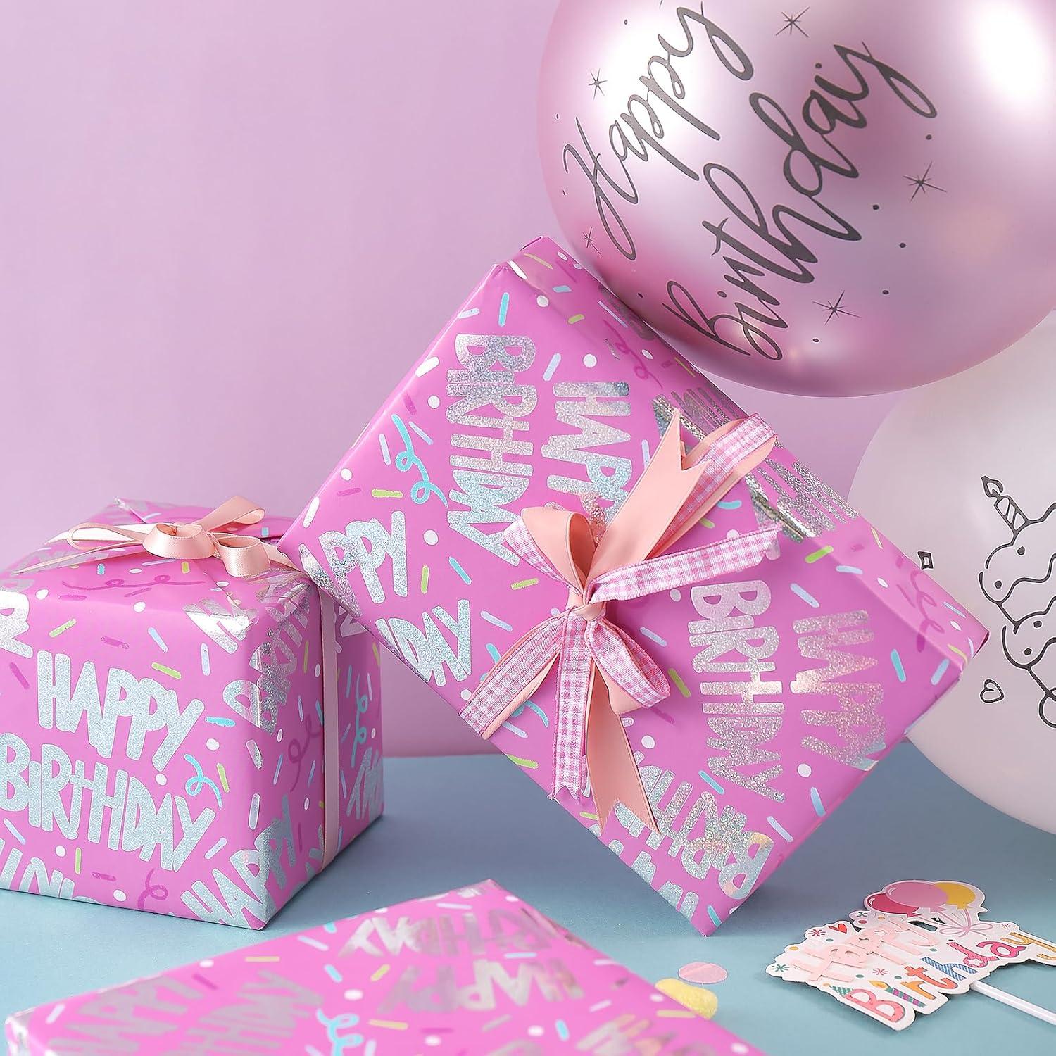 Birthday Wrapping Paper Roll For Girls, Mini Roll, Pink Gift Wrap With Metallic Silver Happy Birthday Text And Confetti Sprinkle Design, Perfect For Princess Party, 17 Inches X 16.4 Feet