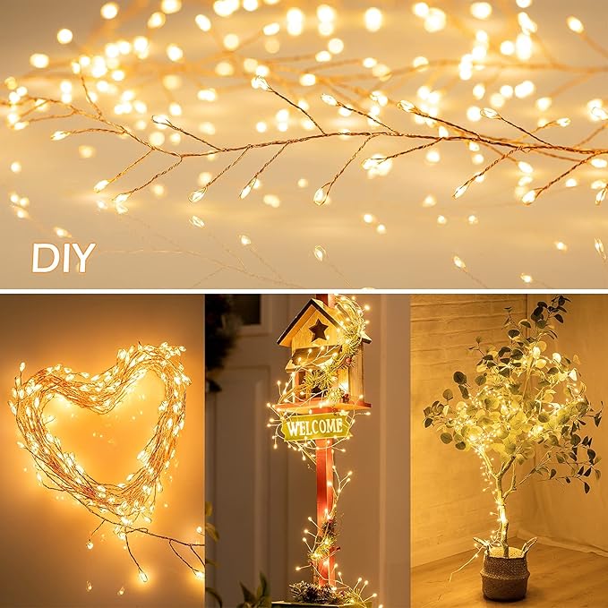 10FT Plug In Fairy Lights 200 LED Warm White Cluster String Lights Waterproof Copper Wire Firecracker Lights for Bedroom Wedding Decor