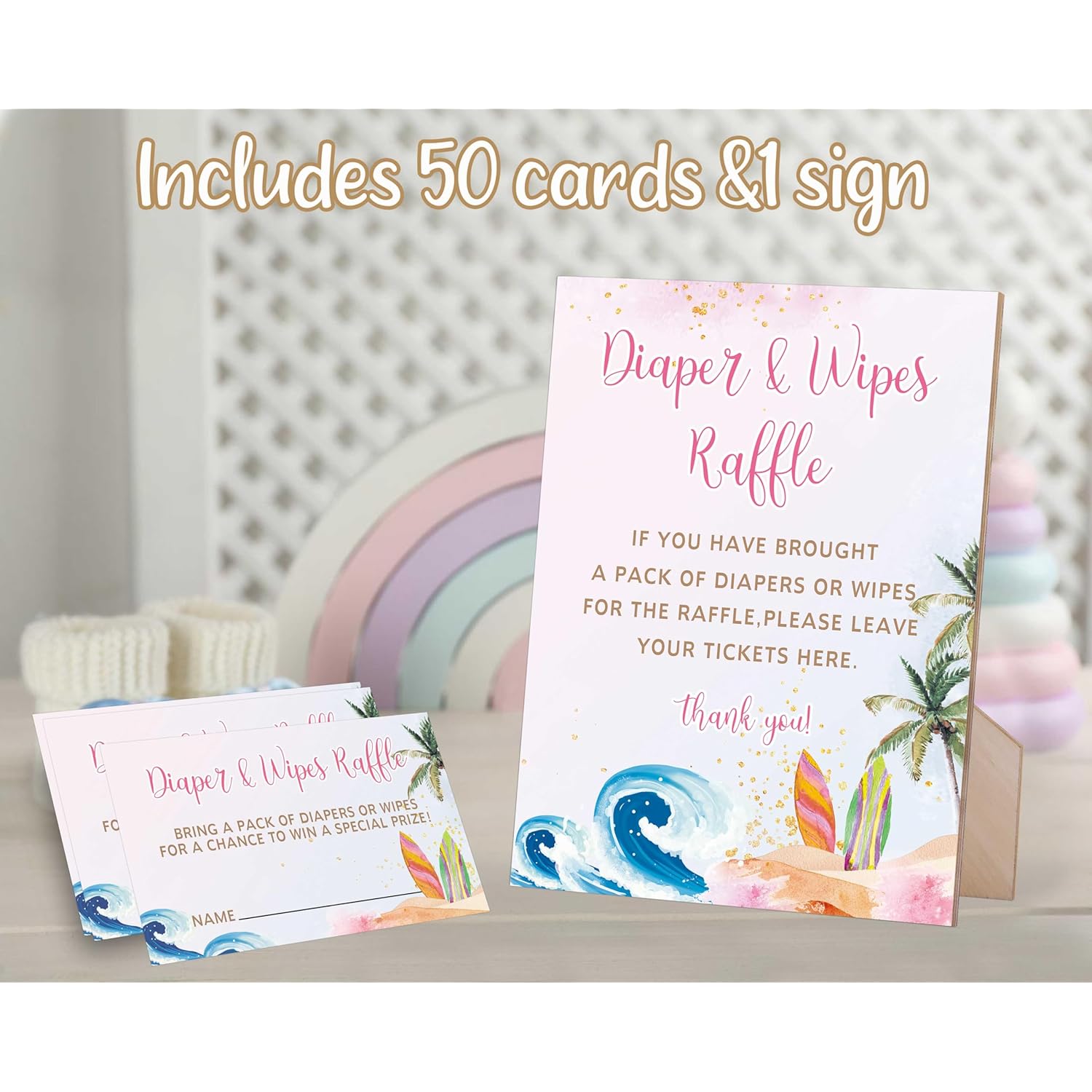 Baby Shower Sign, Pink Surf Beach Diaper And Wipes Raffle Sign For Baby Shower Diaper Game, Baby Shower Decorations, Gender Reveal Games For Baby Shower, 1 Wood Sign And 50 Diaper Raffle Cards,3