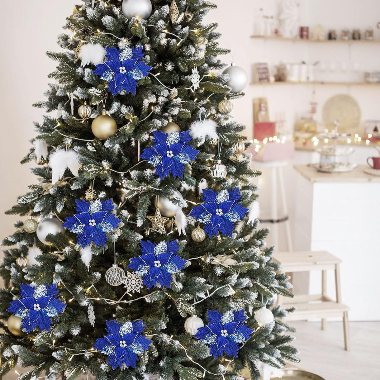 12 Pcs Christmas Poinsettia Flowers Artificial, 10 Inch Christmas Tree Ornaments Royal Blue Velvet Poinsettia, Glitter Faux Flowers With Long Stems For Xmas Tree Wreath Garland Wedding Party Diy Decor