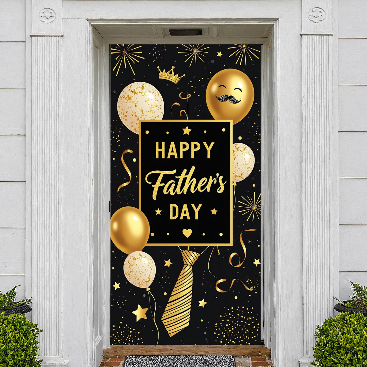 Happy Father's Day Door Cover Black and Gold Fathers Day Door Banner with Mustache Balloon Striped Tie Confetti Best Dad Ever Porch Sign for Home Party Decorations Father's Day Celebration Gift for Dad 70.8 x 35.4 Inch