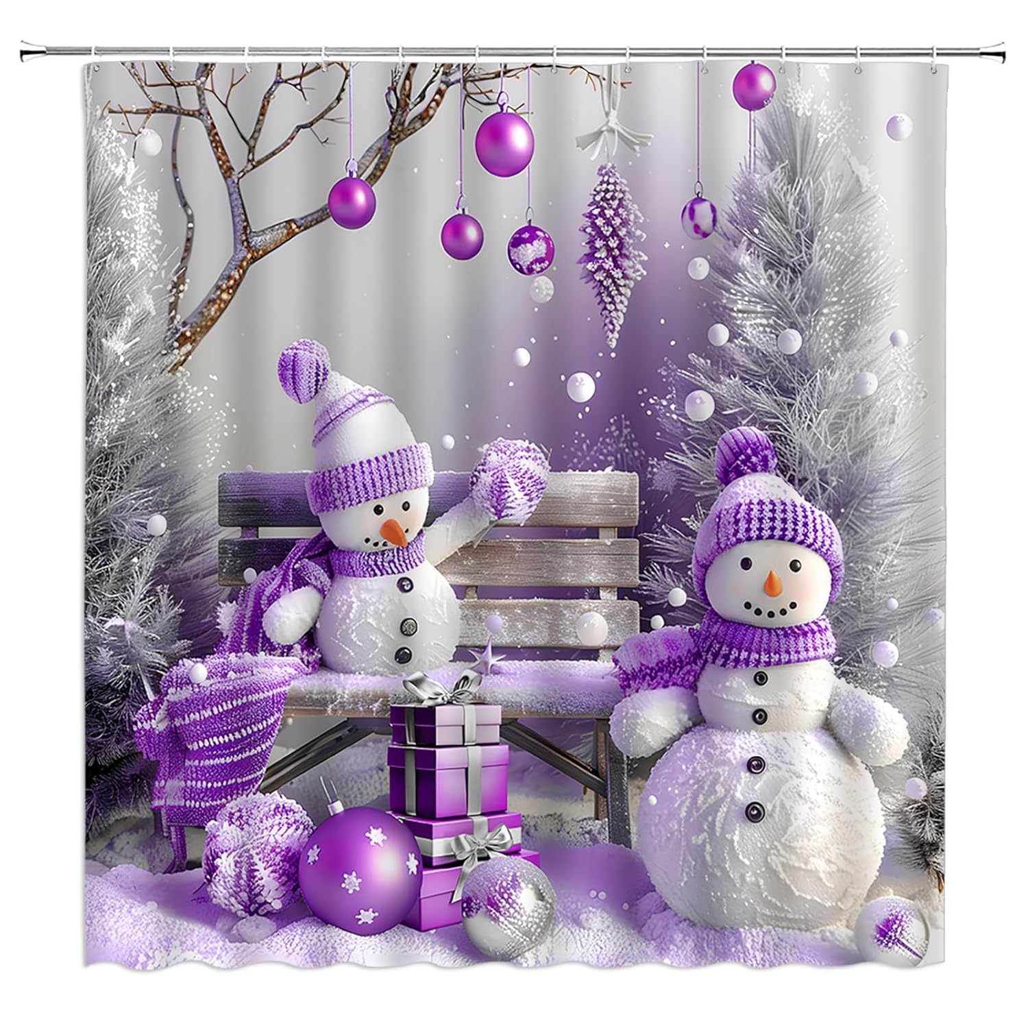 Christmas Snowman Shower Curtain Winter Holiday Cute Snowman Pine Tree Xmas Ball Funny Nature Rustic Merry Christmas Fabric Bathroom Decor Curtain With Hooks,70Wx70H Inches
