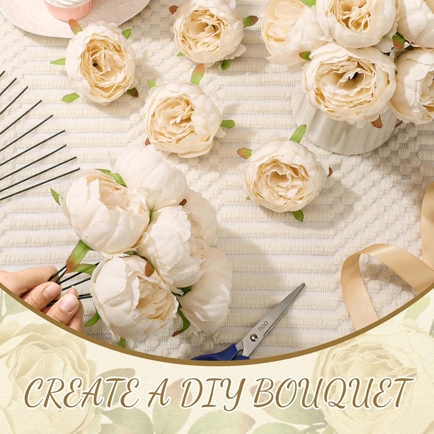 50 Pcs Artificial Peony Flower Bulk 3.5 Inch Silk Peony Flowers Heads With Stems Realistic Fake Roses For Diy Wedding Craft Bridal Bouquets Table Centerpieces Vase Home Decor (Cream?)