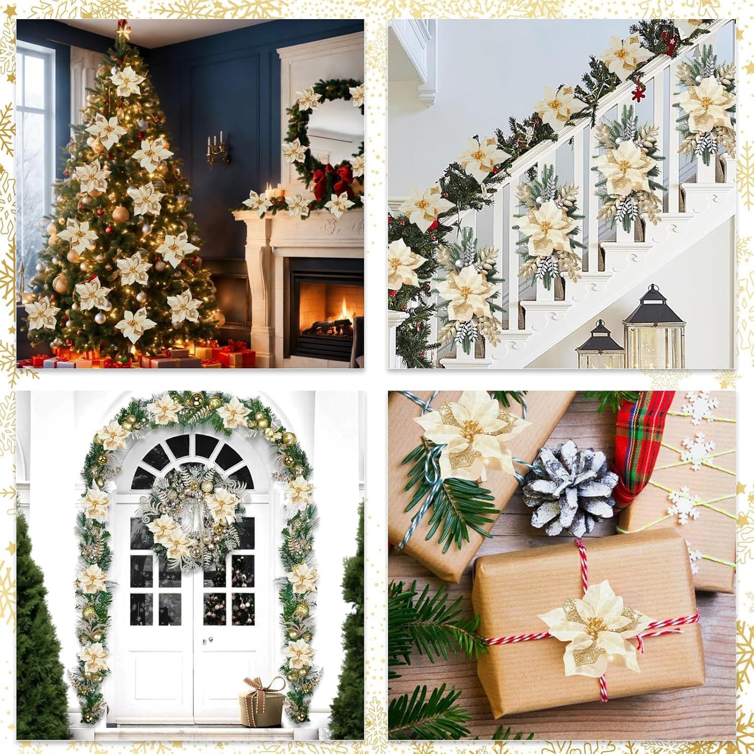 24 Pcs Christmas Poinsettia Flowers Artificial With Clips, 5.9" Christmas Decor Glitter Poinsettia Flowers For Christmas Tree New Year Wedding Party Wreath Diy Garland Decor (Gold)