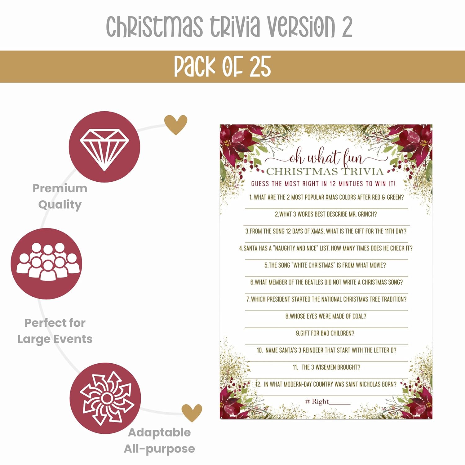 Rustic Floral Christmas Trivia Game Fun Party Activity With Holiday Movie And Song Questions For Adults, Office, Group, Thanksgiving, 25 Pack, 5X7 Cards, Version 2