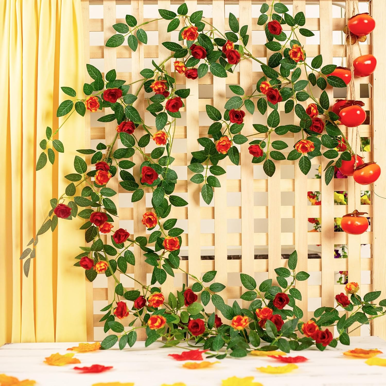 6Ft Bendable Rose Vine With Butterflies, Wildflower Garland Hanging Floral Garland For Wall Decor Trellis Fence Home Room Decoration (Orange, 2Pcs)